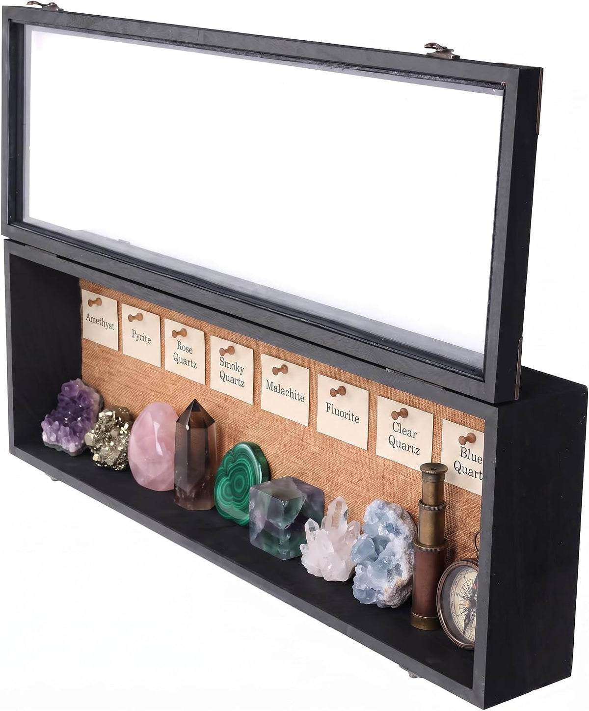 Long Deep Shadow Box Frame 8x25 with Real Glass Door, 4" Overall Depth Solid Wood Display Case, Horizontal or Vertical
