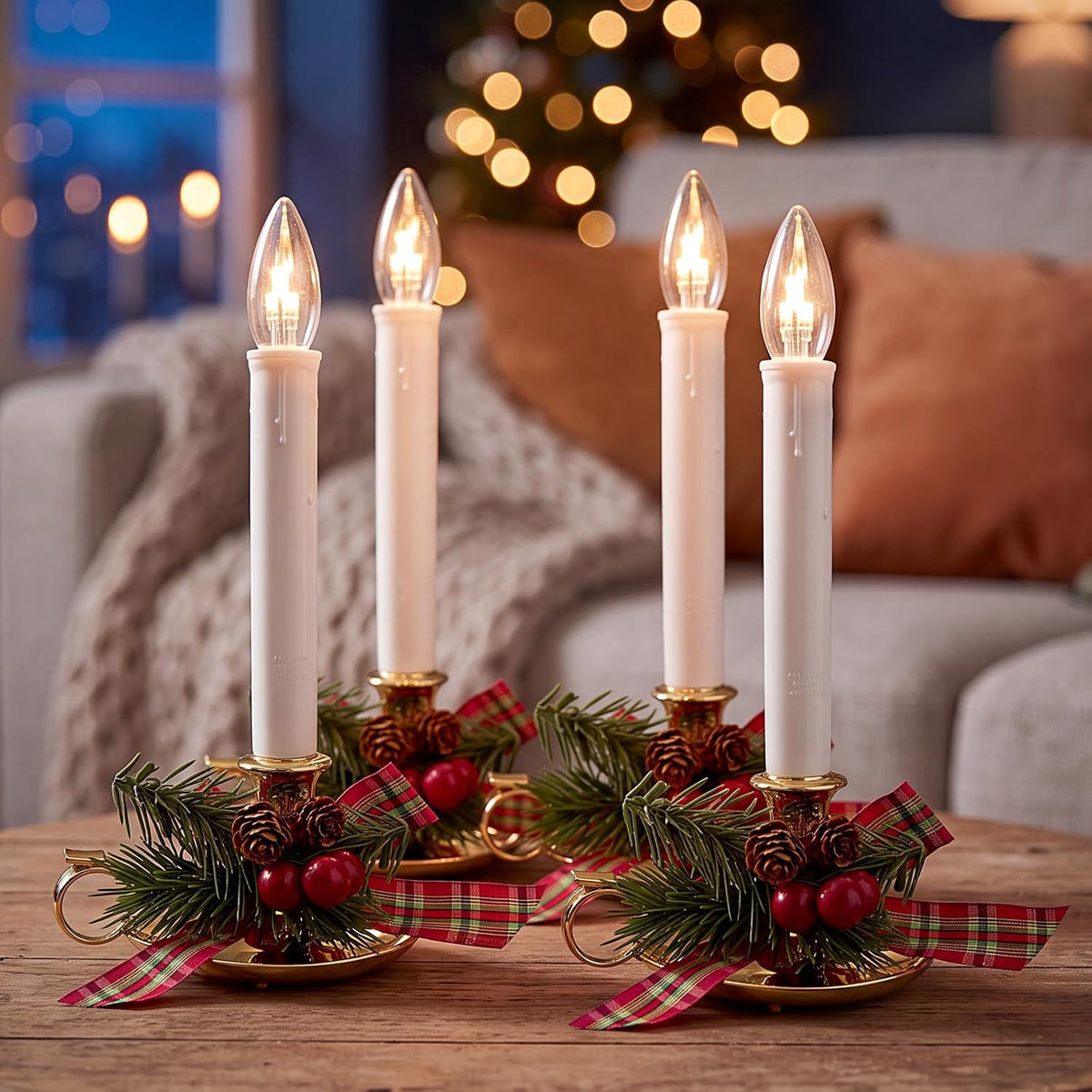 4PK Christmas Window Candle Light, 10" LED Golden Candlestick