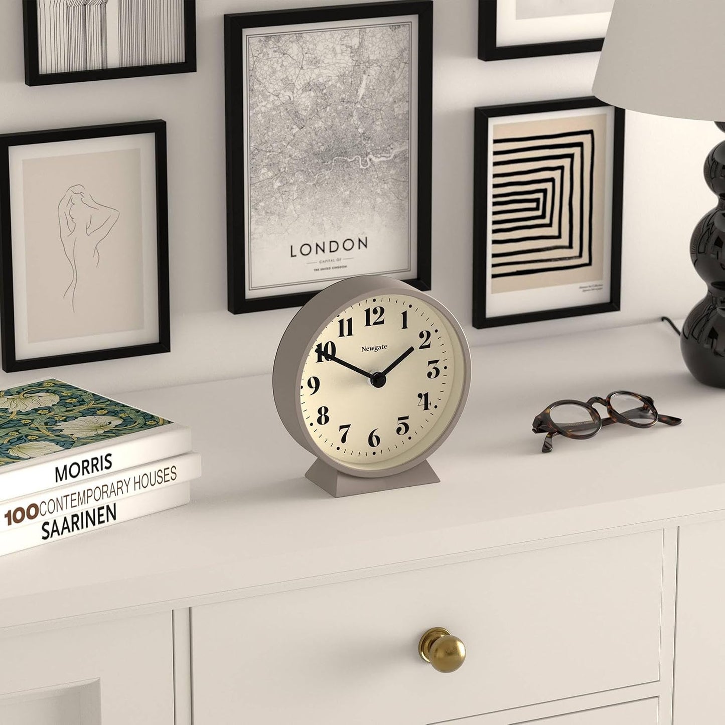 NEWGATE® Theatre Mantel Clock | Modern Classic Round Design | Stone | Contemporary Style for Desk, Table, Shelf or