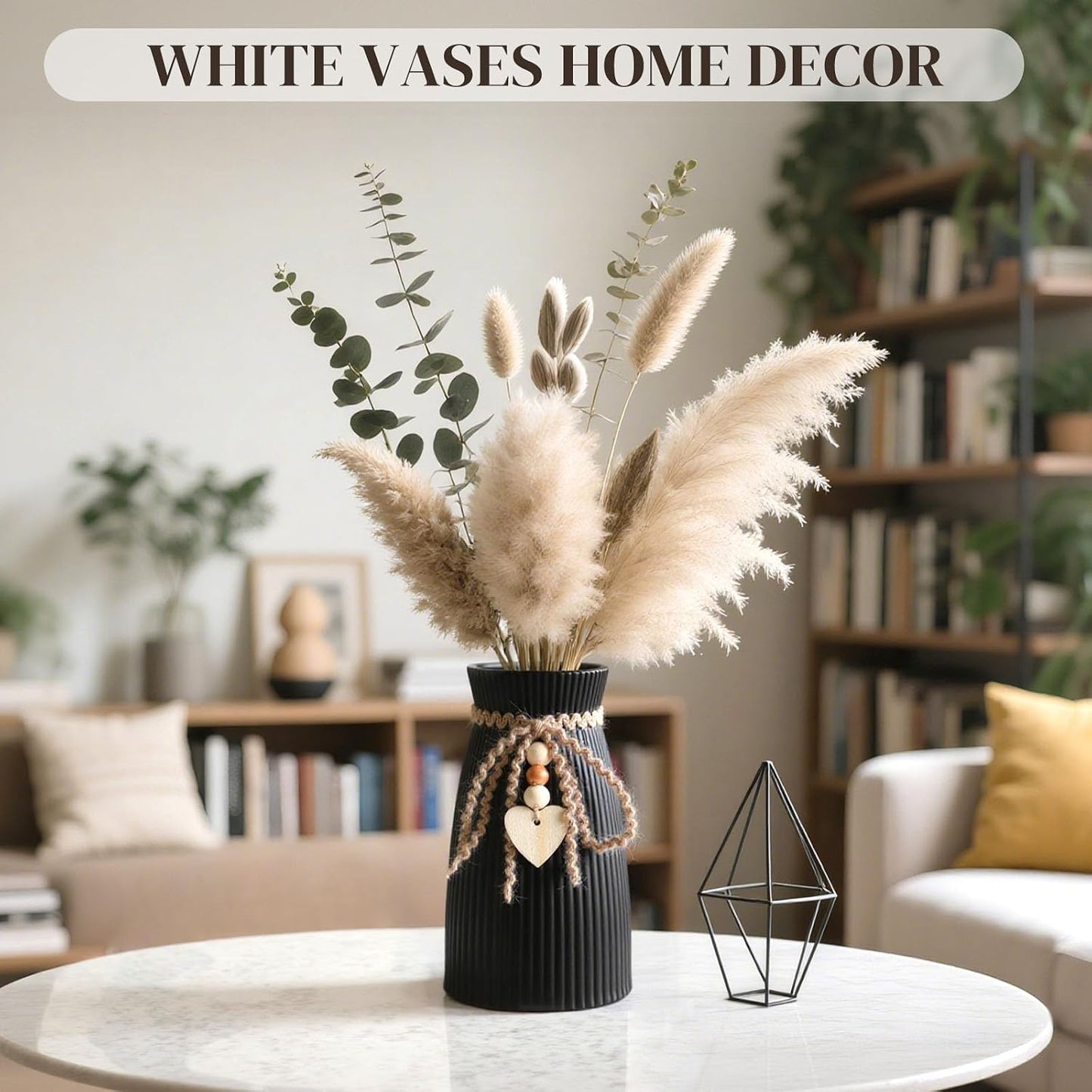 Ceramic Vase / 6.3" Tall Boho Ribbed Vase for Pampas Grass / Black