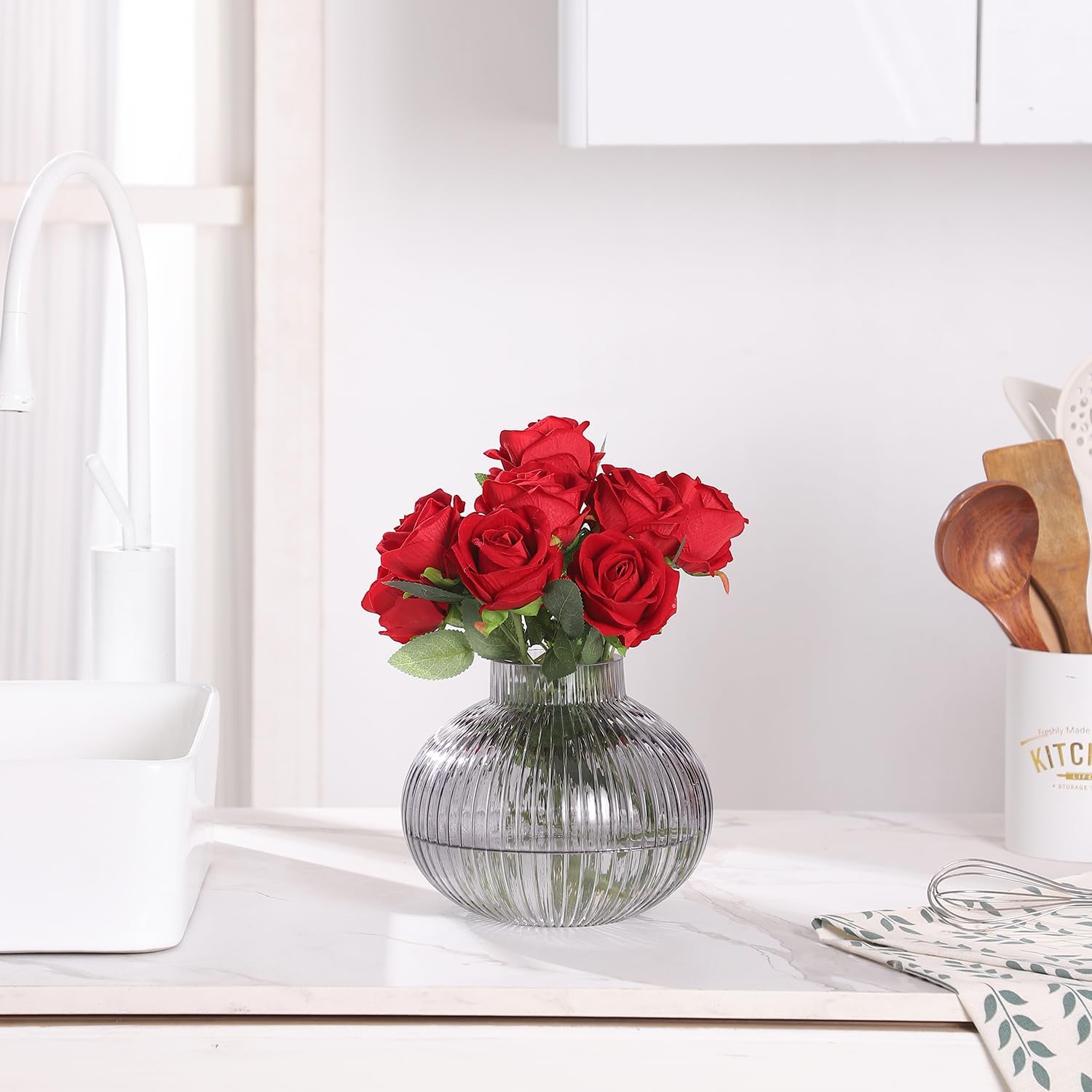 Black Glass Vase for Tulips / Gray / Round 6 Inches