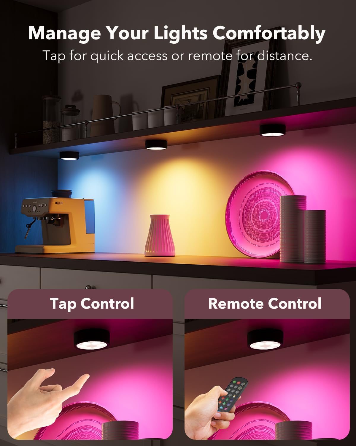 2400mAh Rechargeable Puck Lights with Radar Motion Sensor and Remote | RGB Color Changing, Magnetic, USB-C, Timer