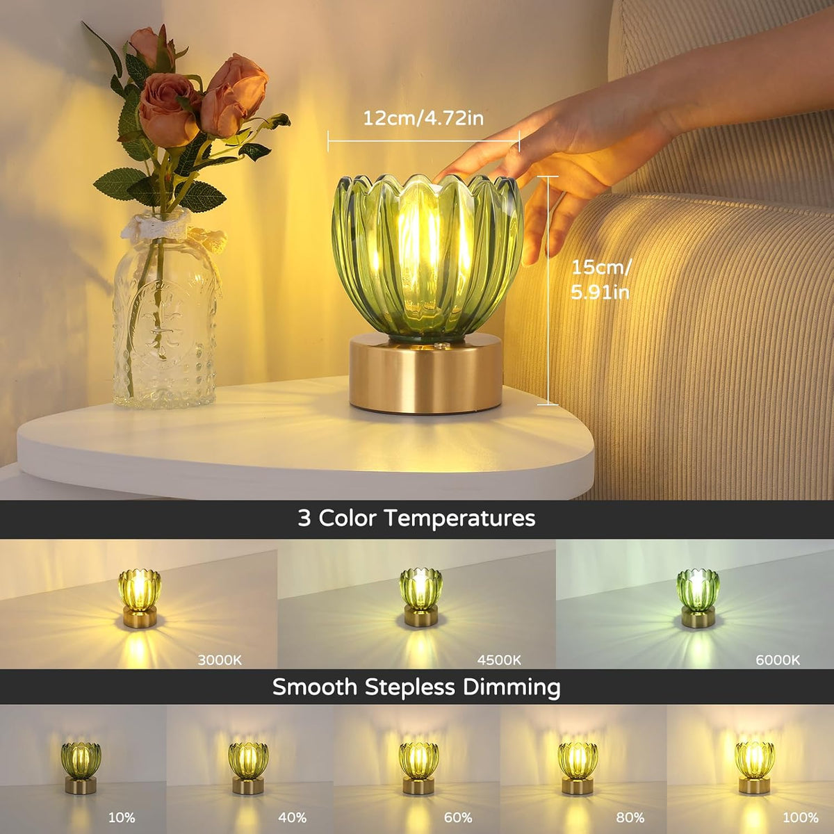 Shenmoyl Cordless Small Table Lamp with 5200mAh Battery & Touch Control, Battery Operated Tulip Table Lamp with 3