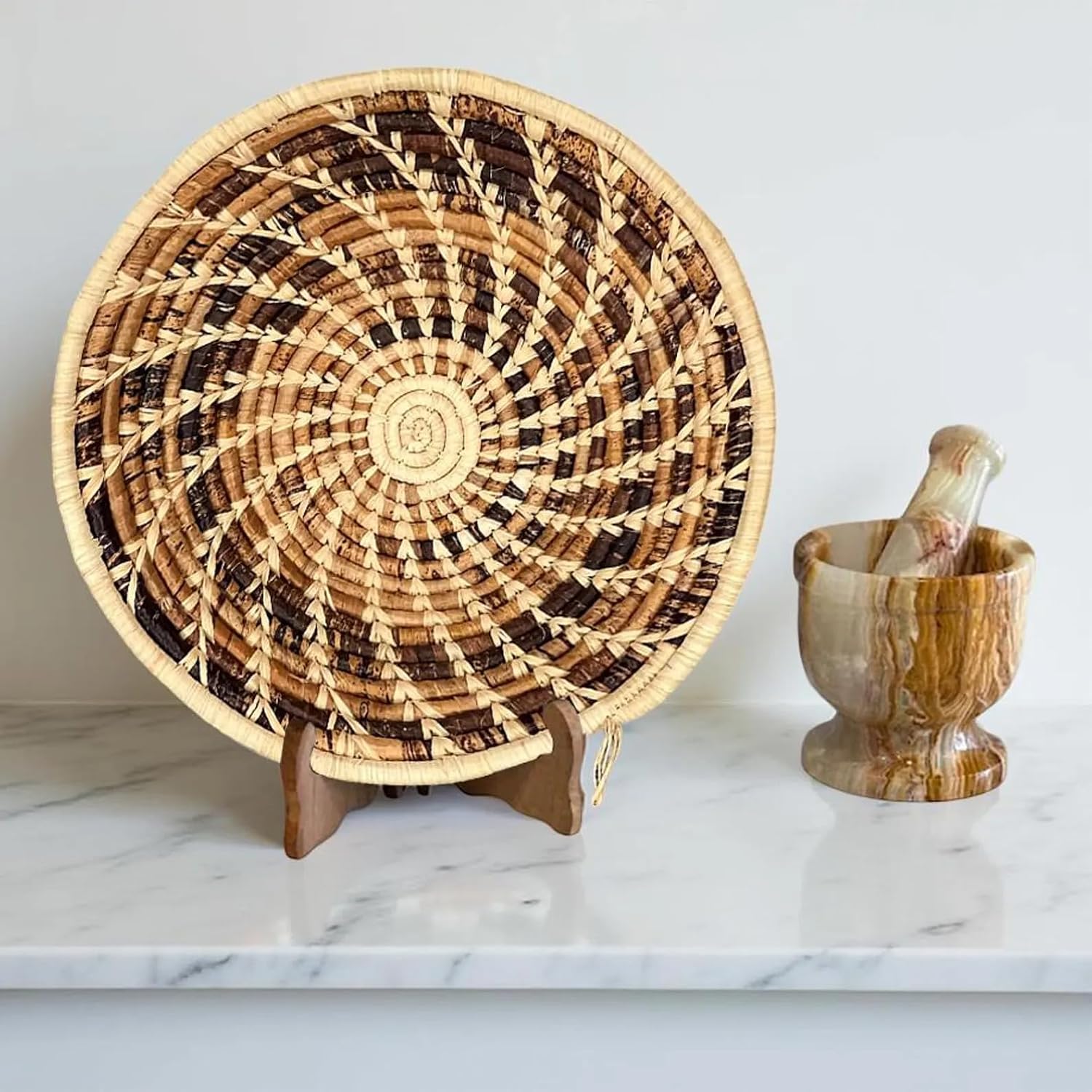 Handwoven African Baskets Handmade Raffia Woven Fruit Bowl / Brown Natural / 8in Diameter