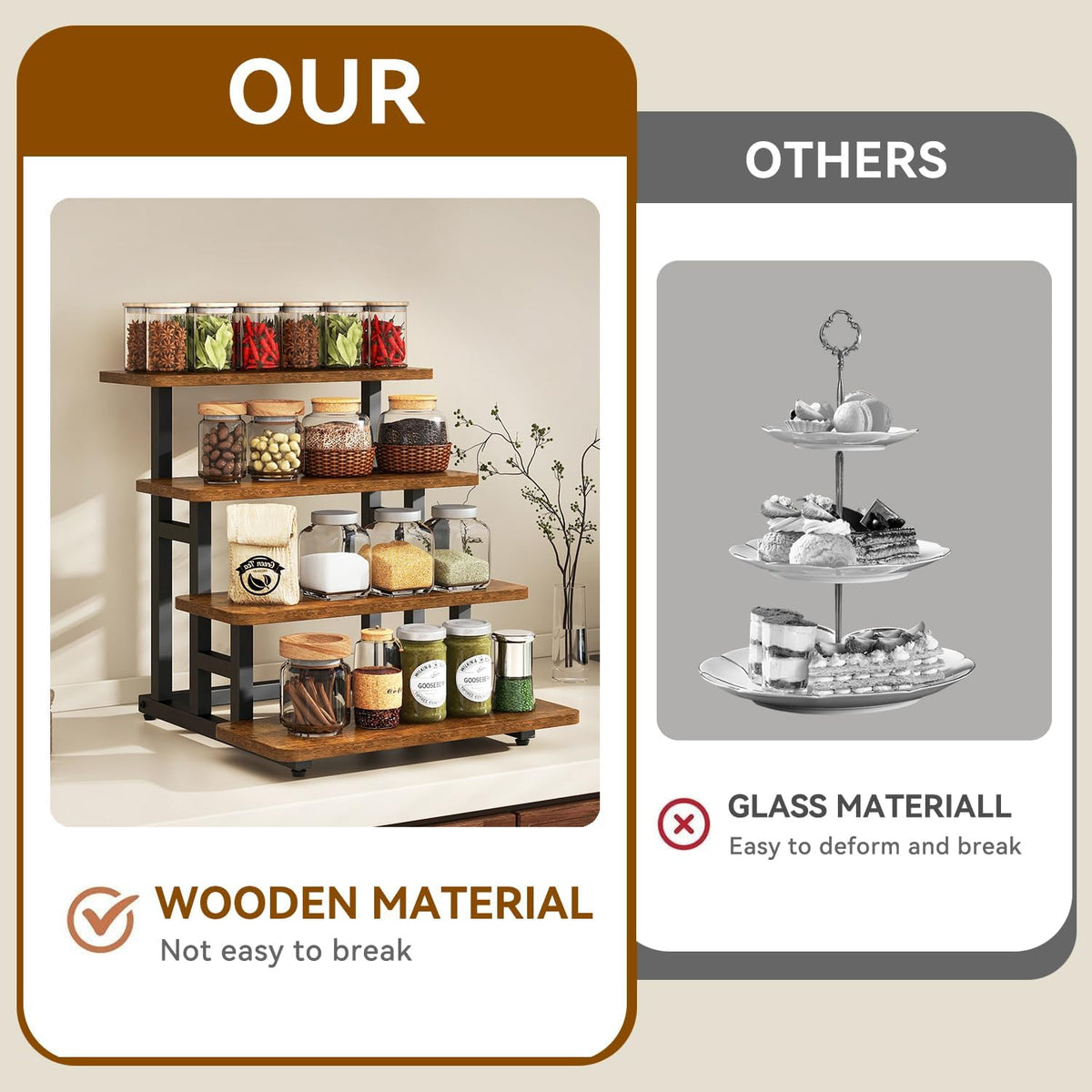 IBUYKE 4 Tier Cupcake Stand,Tiered Display Stand,Brown TLJ018H | Wooden Risers Display Stands for food Dessert Table