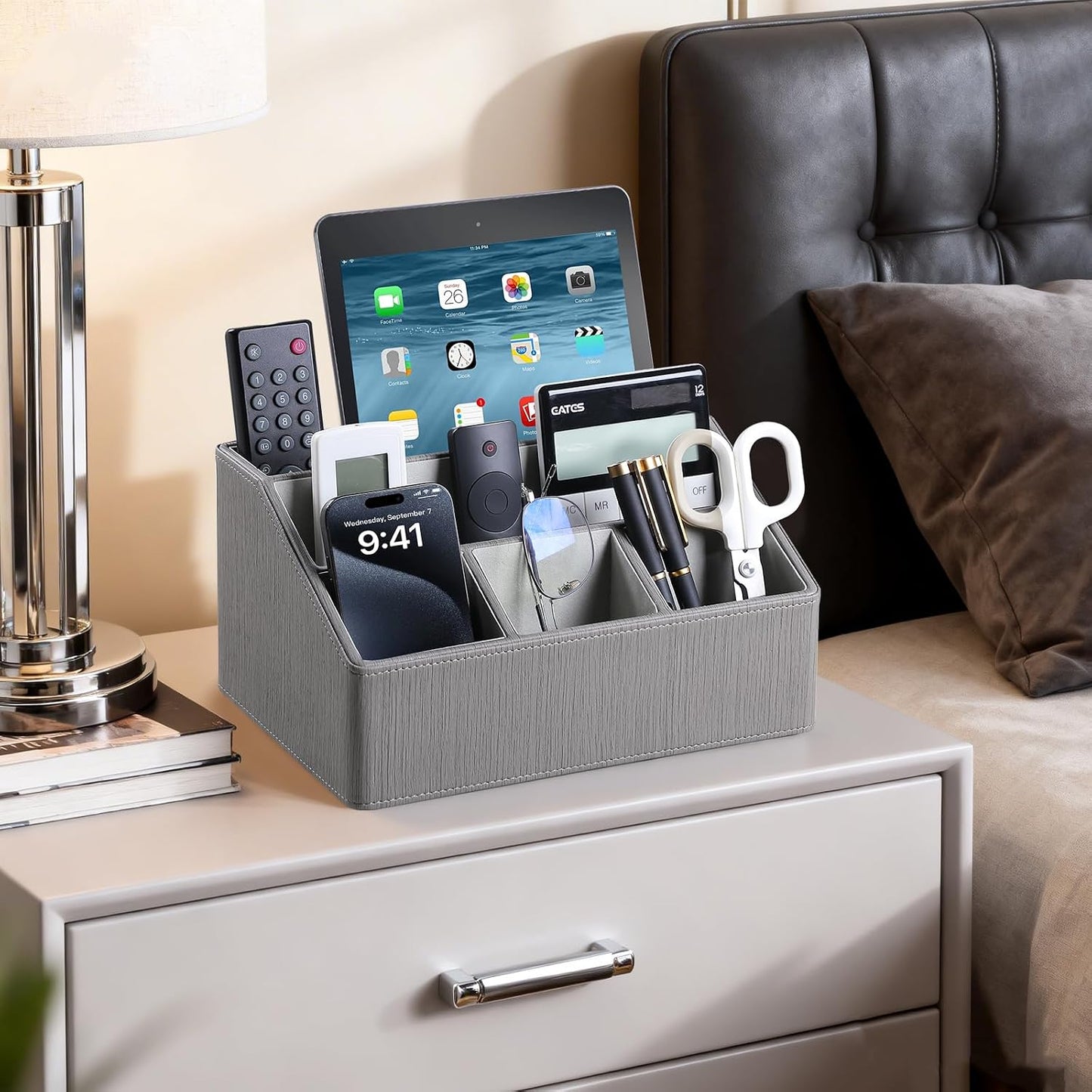 PU Leather Desk Organizer, Remote Control Holder, Grey | Luxury Nightstand Organizer for Home, Office Desk Accessories