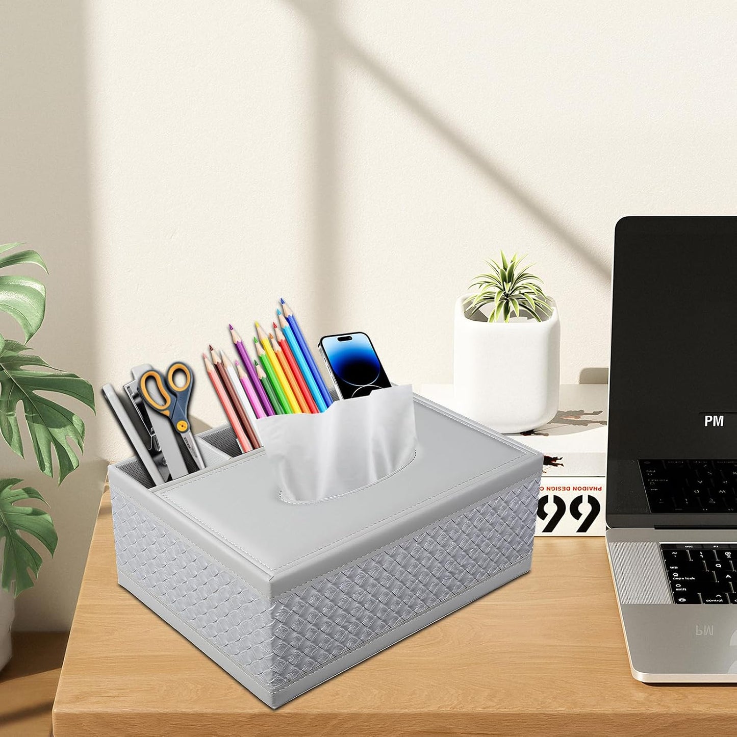 Tissue Box Cover Rectangle White Kleenex Box Holder PU Leather Facial Tissue Organizer,Multifunctional Remote Control