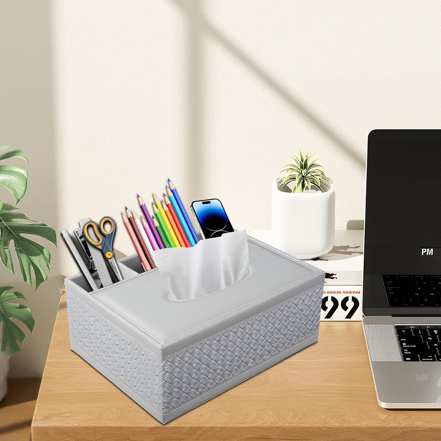 Tissue Box Cover Rectangle White Kleenex Box Holder PU Leather Facial Tissue Organizer,Multifunctional Remote Control