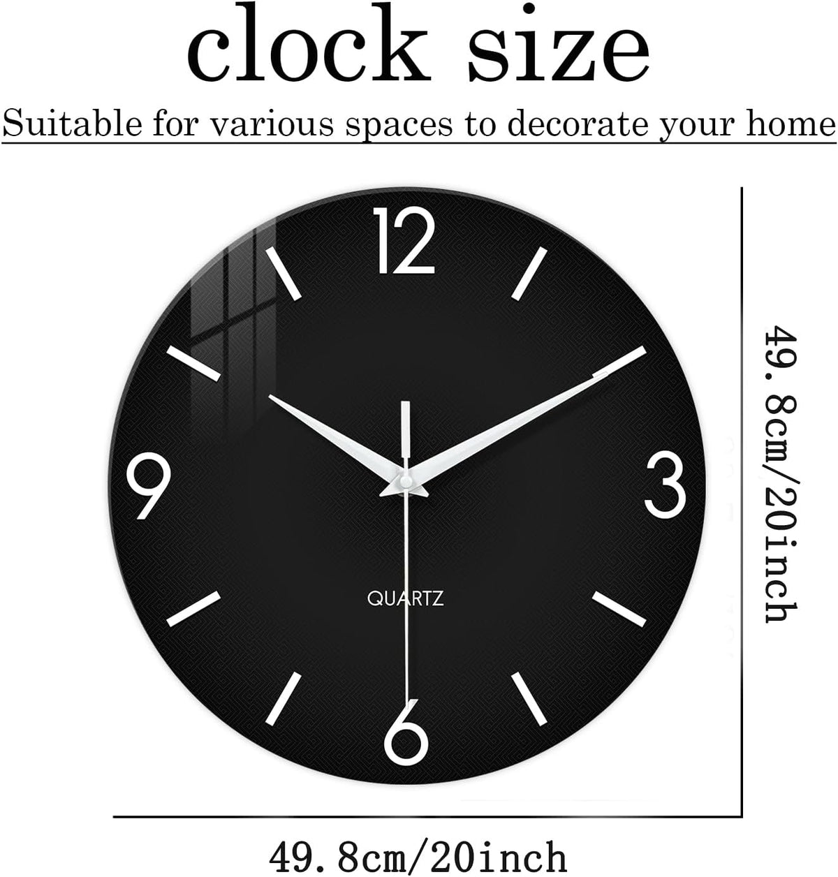 XFM Minimalist Wall Clocks Battery Operated 20 Inch Large Black | Silent Non-Ticking Modern Glass Simple Decorative for