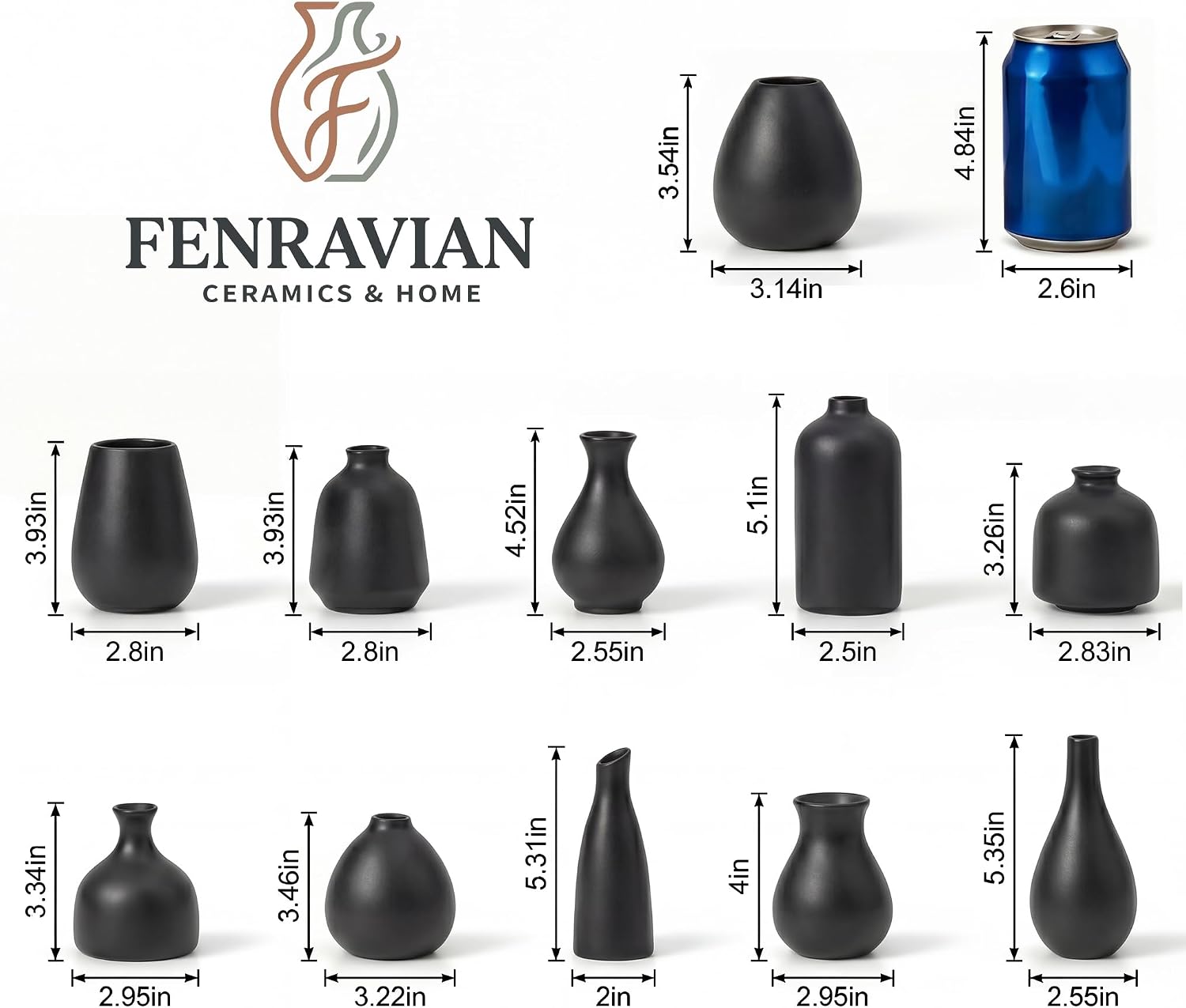 Small Ceramic Vase / Black - 11-piece Set / Set of 11