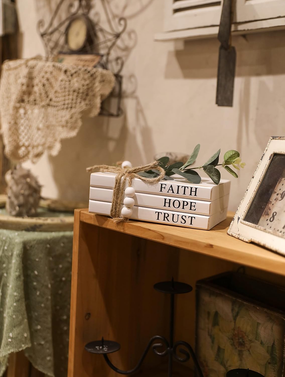 Wooden Decorative Books / Faith, Hope, Trust / White / Set of 3