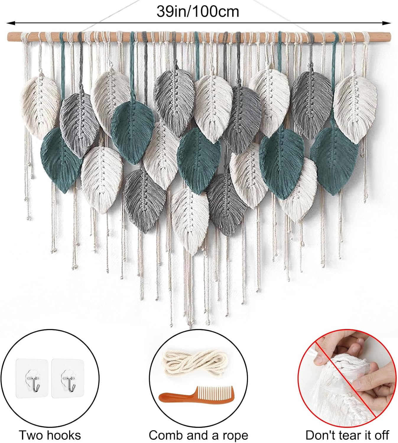 Large Macrame Wall Hanging Boho Home Decor / Grey Cyan-39"w x 29.5"L