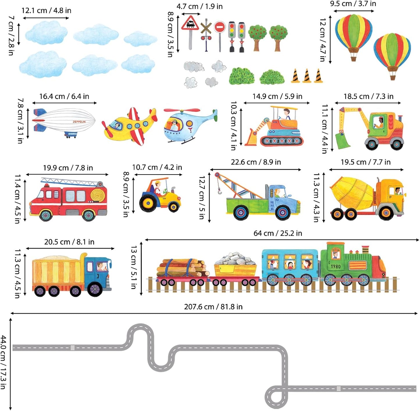 SG2-2107 Wall Decals Car Truck Tractor Road Stickers for Kids Boys / Construction Transportation