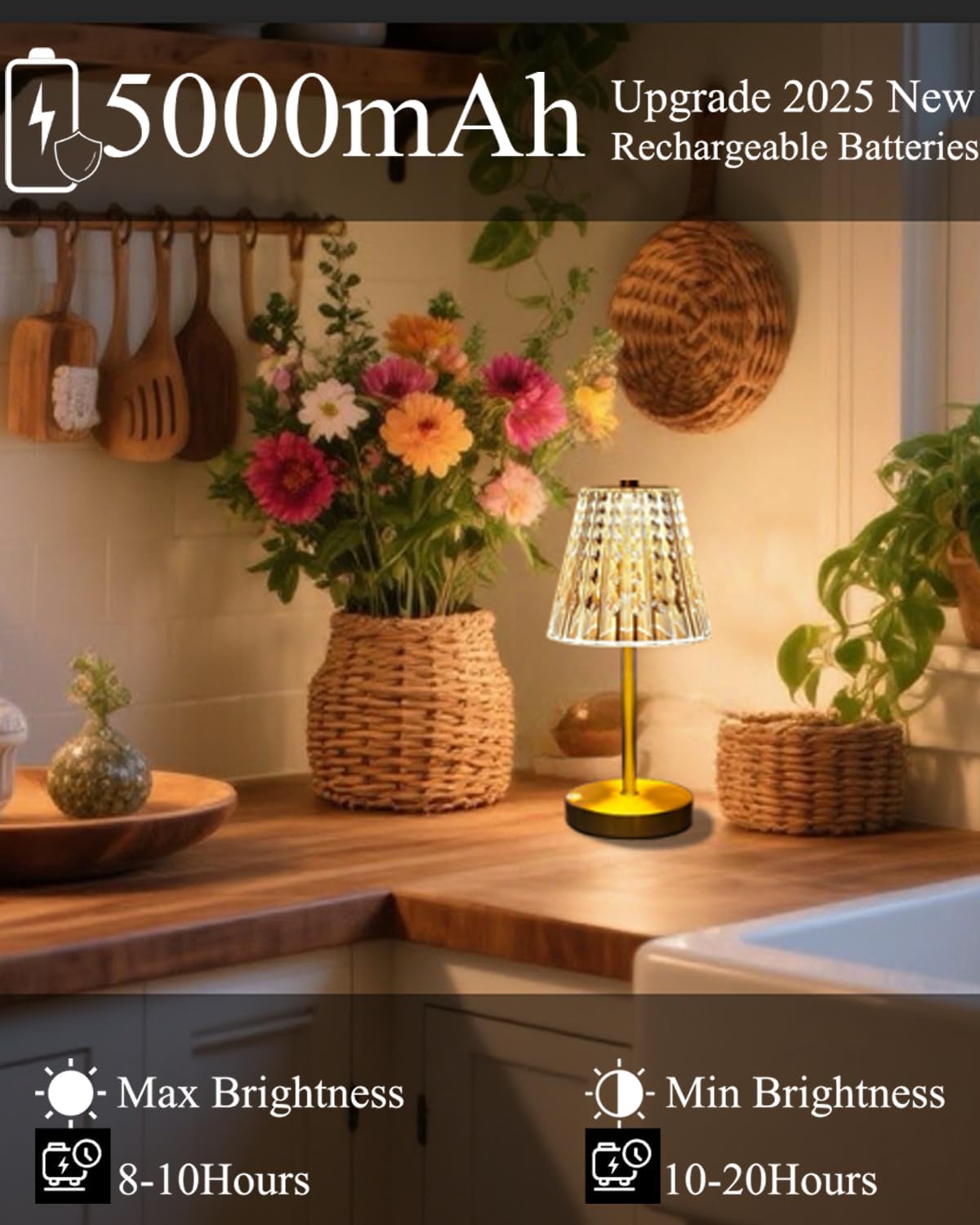 Gold Cordless Table Lamp Rechargeable,5000mAh Battery Operated Lamps,Mini Small Crystal Table Lamp for Restaurant