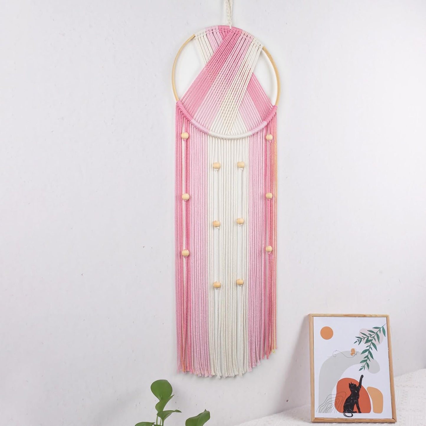Pink Macrame Wall Hanging Boho Wall Decor Dream Catcher Handmade Woven Tapestry / Pink Beige