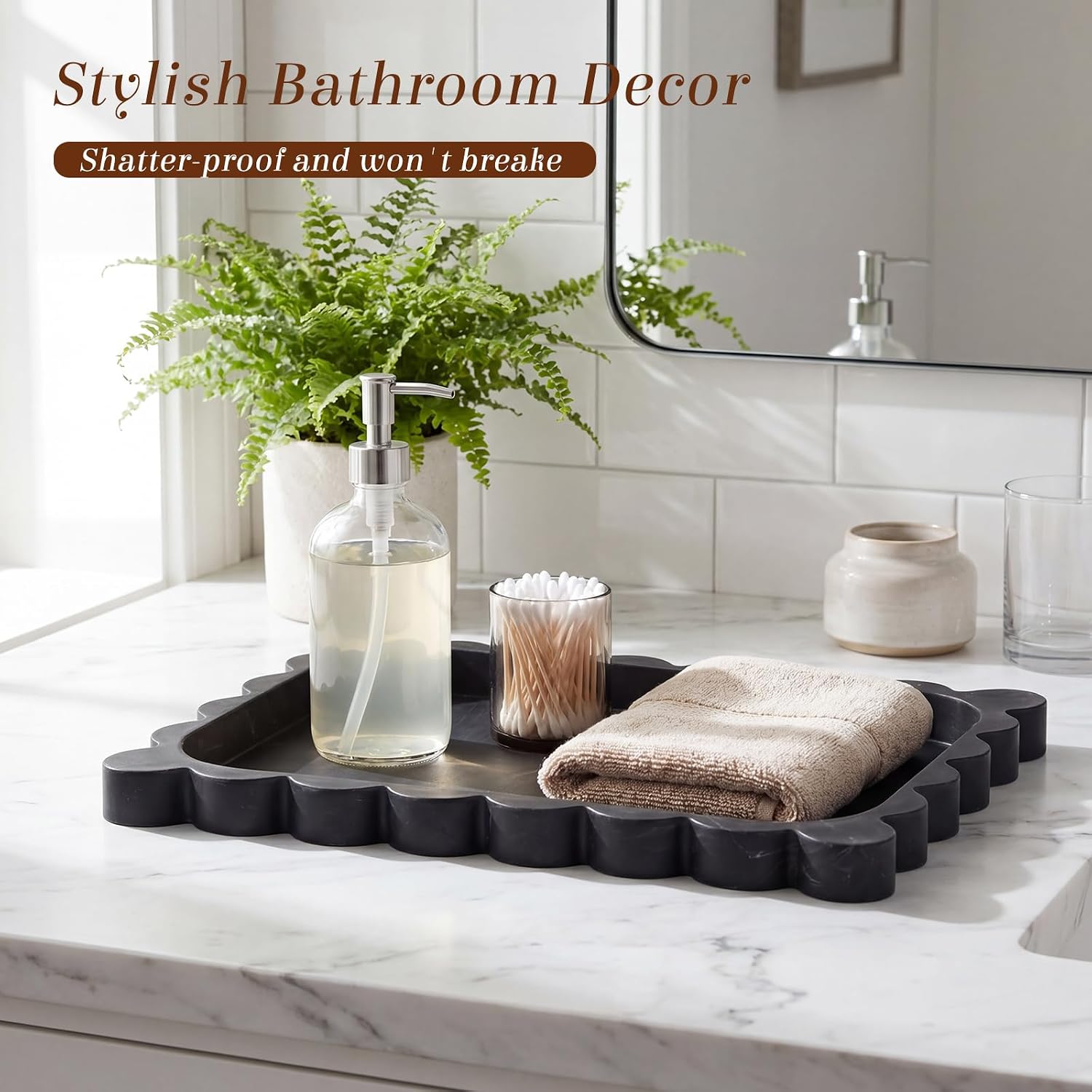Silicone Bathroom Tray Scalloped Silicone Decorative Tray for Soap Dispenser / Black / 11.5 x 8.7