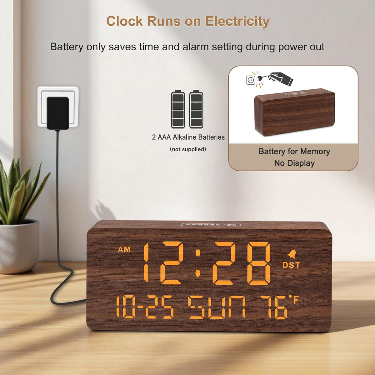 DreamSky Wooden Digital Alarm Clocks for Bedrooms with Date & Day of Week | Living Room Desk Clock, Temperature, USB