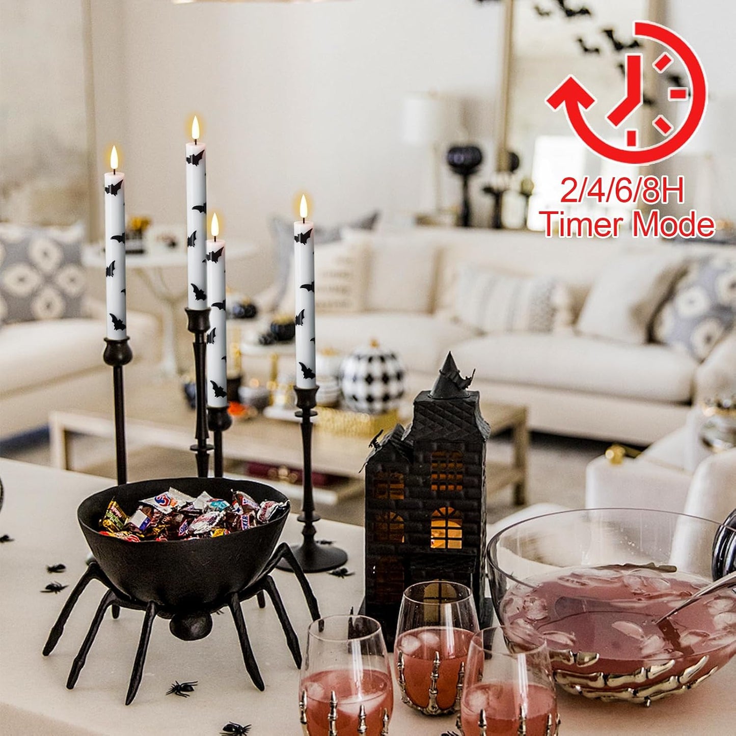 GenSwin Halloween Flameless Taper Candles, 4 Pack LED Taper Candles Battery Operated with Remote Timer, Real Wax White