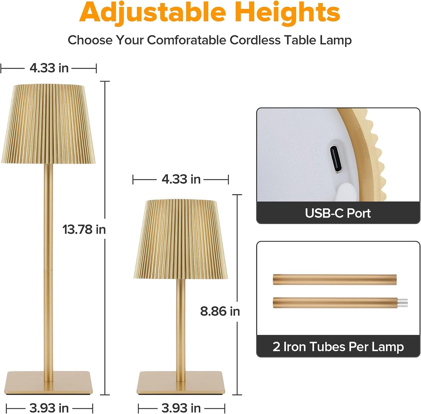 LUTEC 2 Pack Cordless Table Lamp,6000mAh Rechargeable Battery Operated Desk Lamp,Two Adjustable Heights,Waterproof