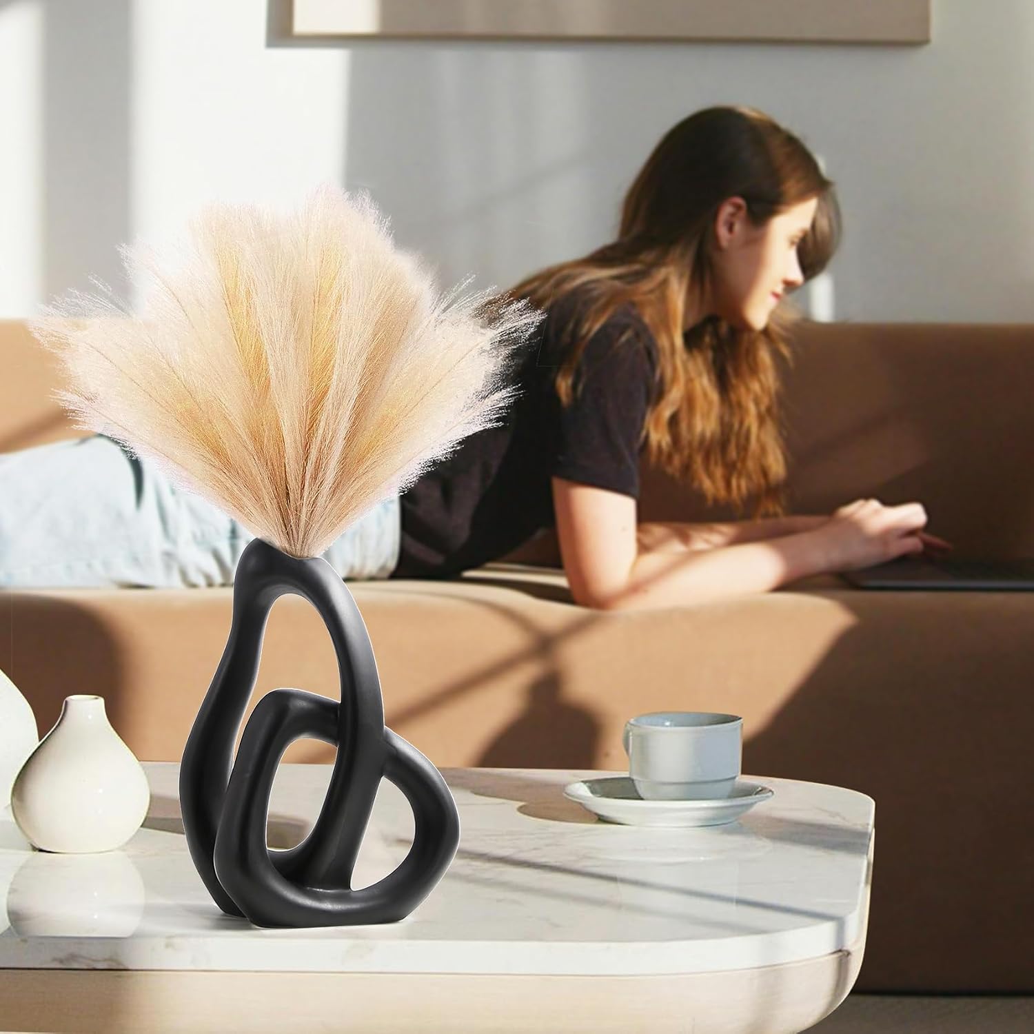 Modern White Ceramic Flower Vases / Black