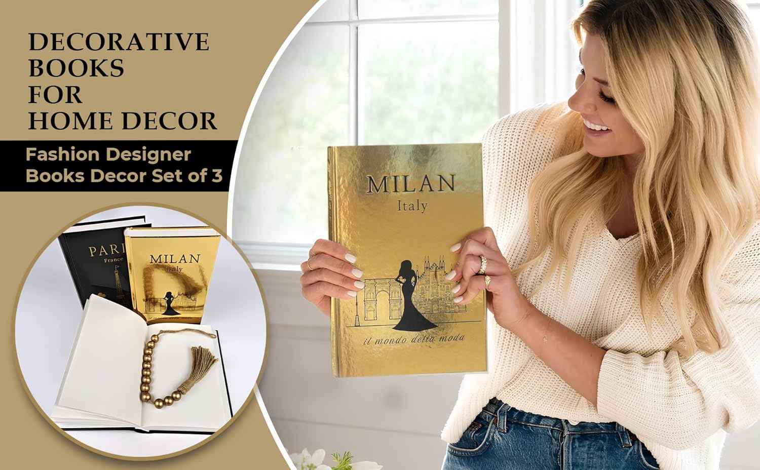 Decorative Books / Golden Garland Bead / Black / Set of 3