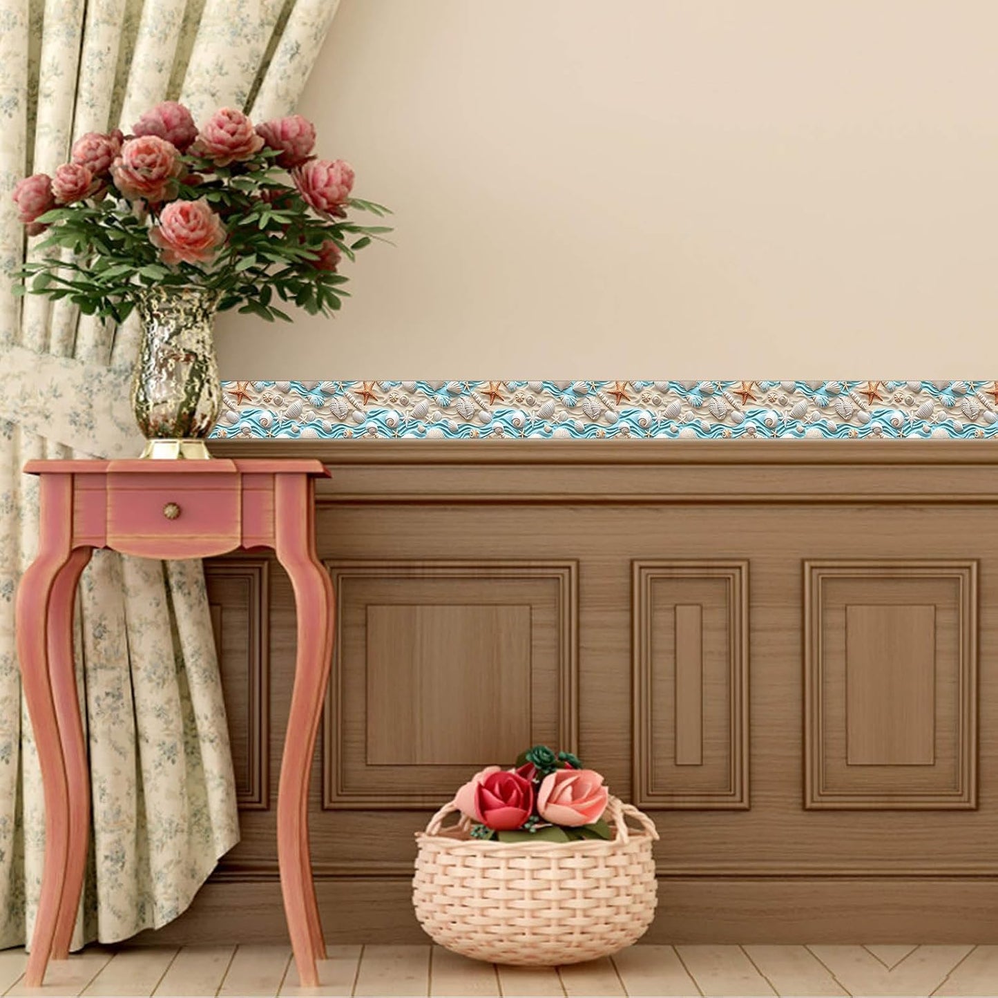 Gold Seashell Starfish Sand Peel and Stick Wallpaper Border Self / Seashells Sand / Blue / 4 x 196