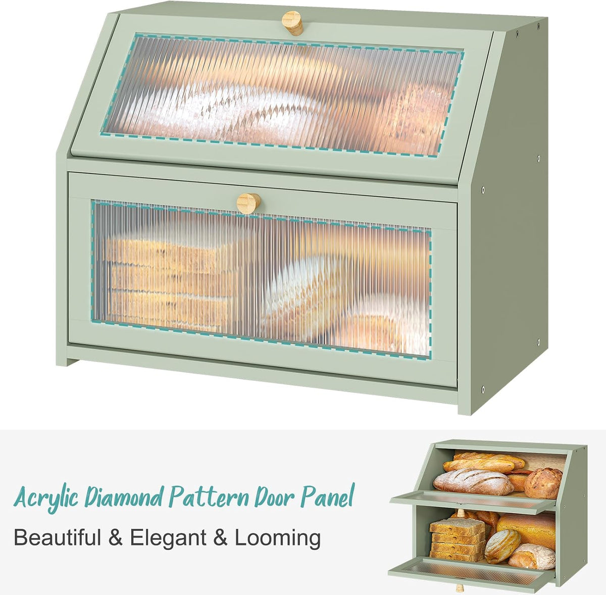 Green Bread Box for Kitchen Counter, Large Bamboo Wood Double Layer Bread Box, Wooden Bread Storage Capacity