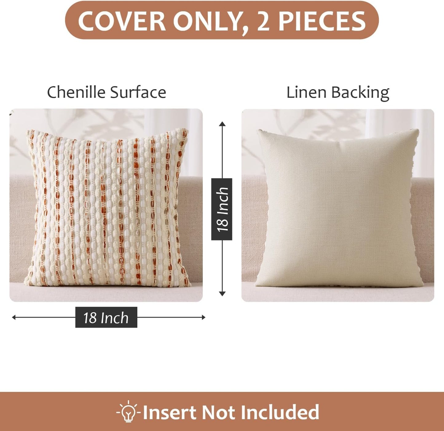 Boho Chenille Textured Tufted Pillow Covers Woven Decorative Throw / Cream Rust / 18 x 18 / Set of 2