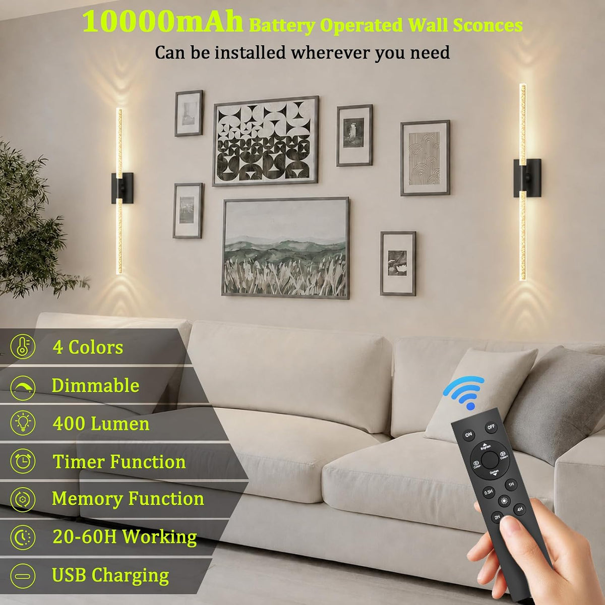 Battery Operated Wall Sconces Set of 2, 10000mAh, Black Bubble | wireless crystal wall lights rechargeable with Remote