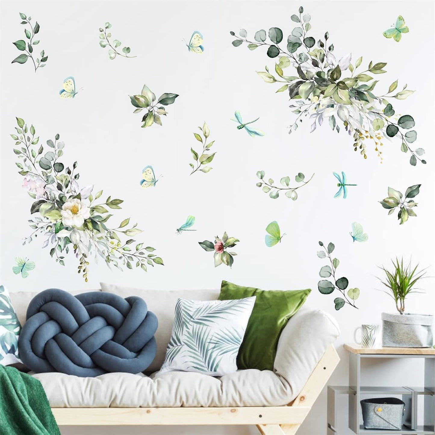 Leaves Wall Decal Botanical Vinyl Decals Peel and Stick Rustic Hanging Vines Art Mural / Green