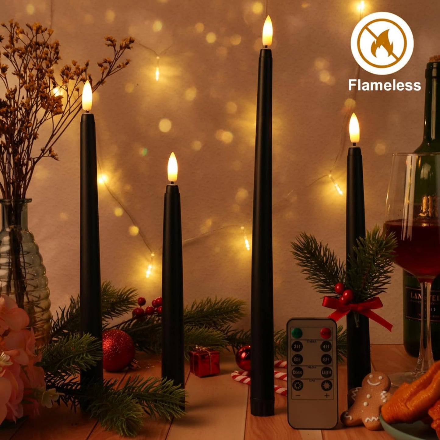 Rossesay 16 Pcs Black Flameless Taper Candle with Remote Timer | Halloween Battery Operated Candle, 8.5" 9.6" 10.8"