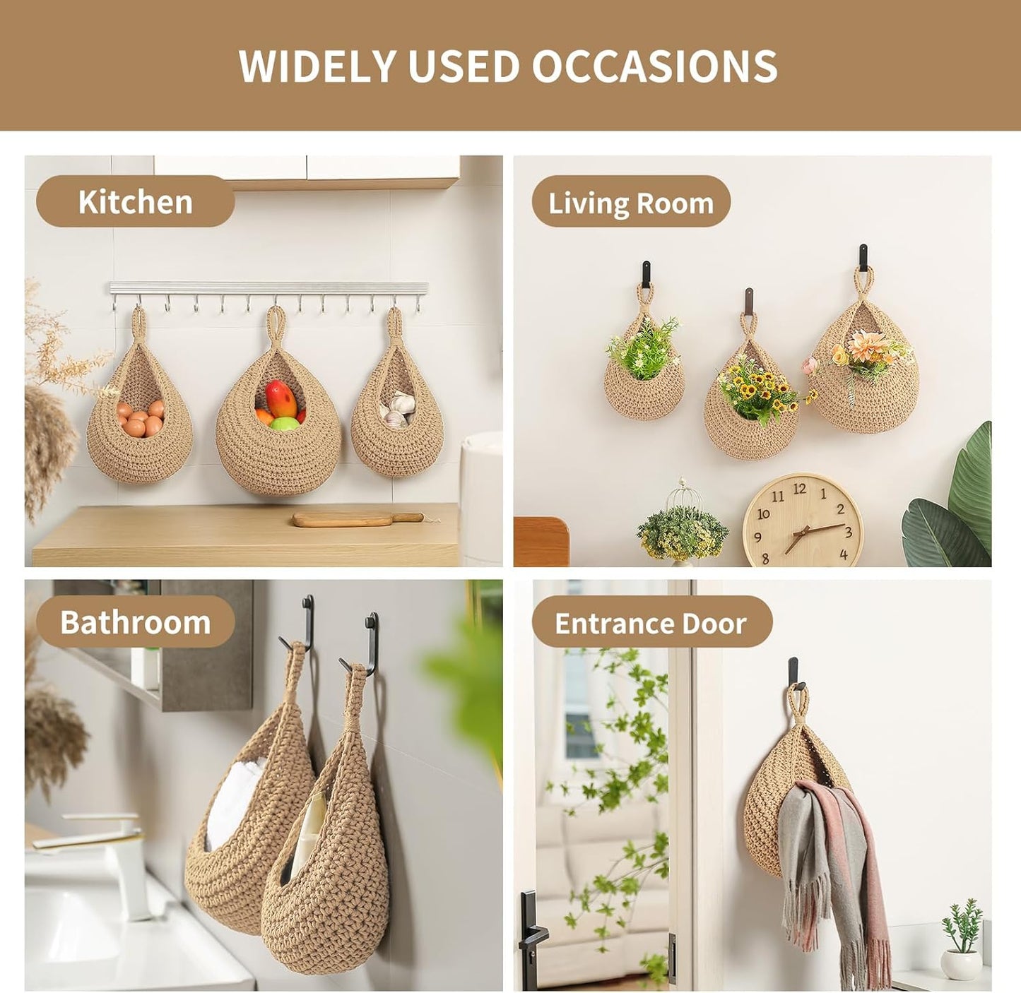 Boho Wall Hanging Fruit Baskets / Linen / Set of 6