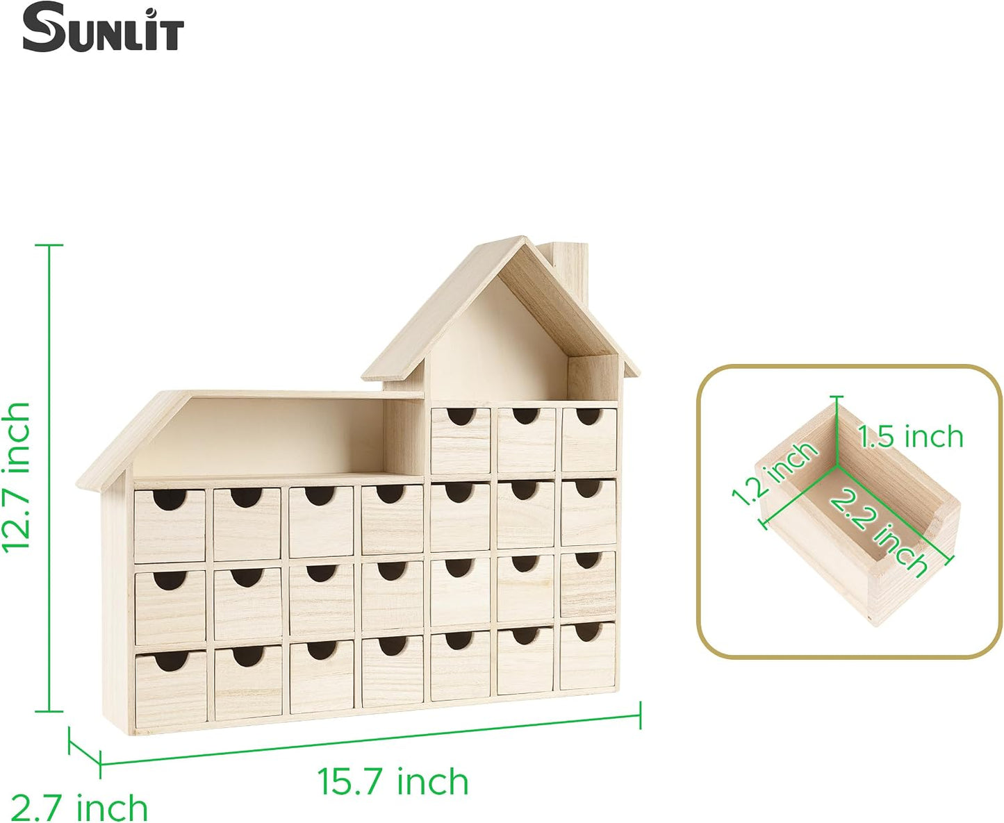 Sunlit Christmas Wooden Advent Calendar with Drawers, Unfinished Wooden, Chalet Shaped Countdown Calendar Ready to