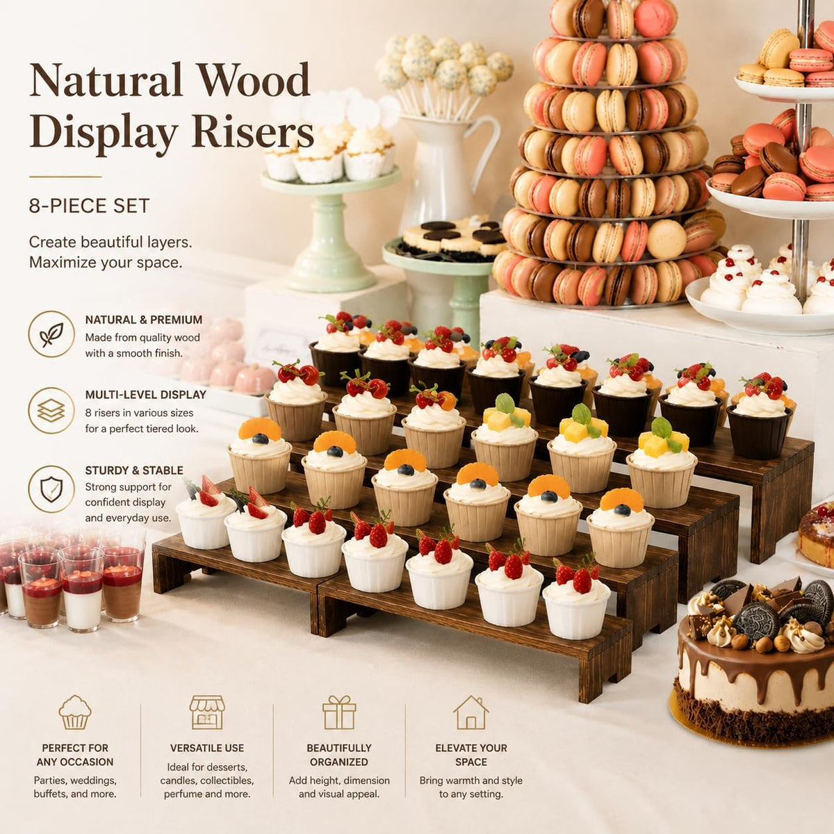Yikaroeli Large Display Wood Risers Wooden Display Stand Tiered Wood Racks Decorative Rectangular, 4 Set 16 Pieces