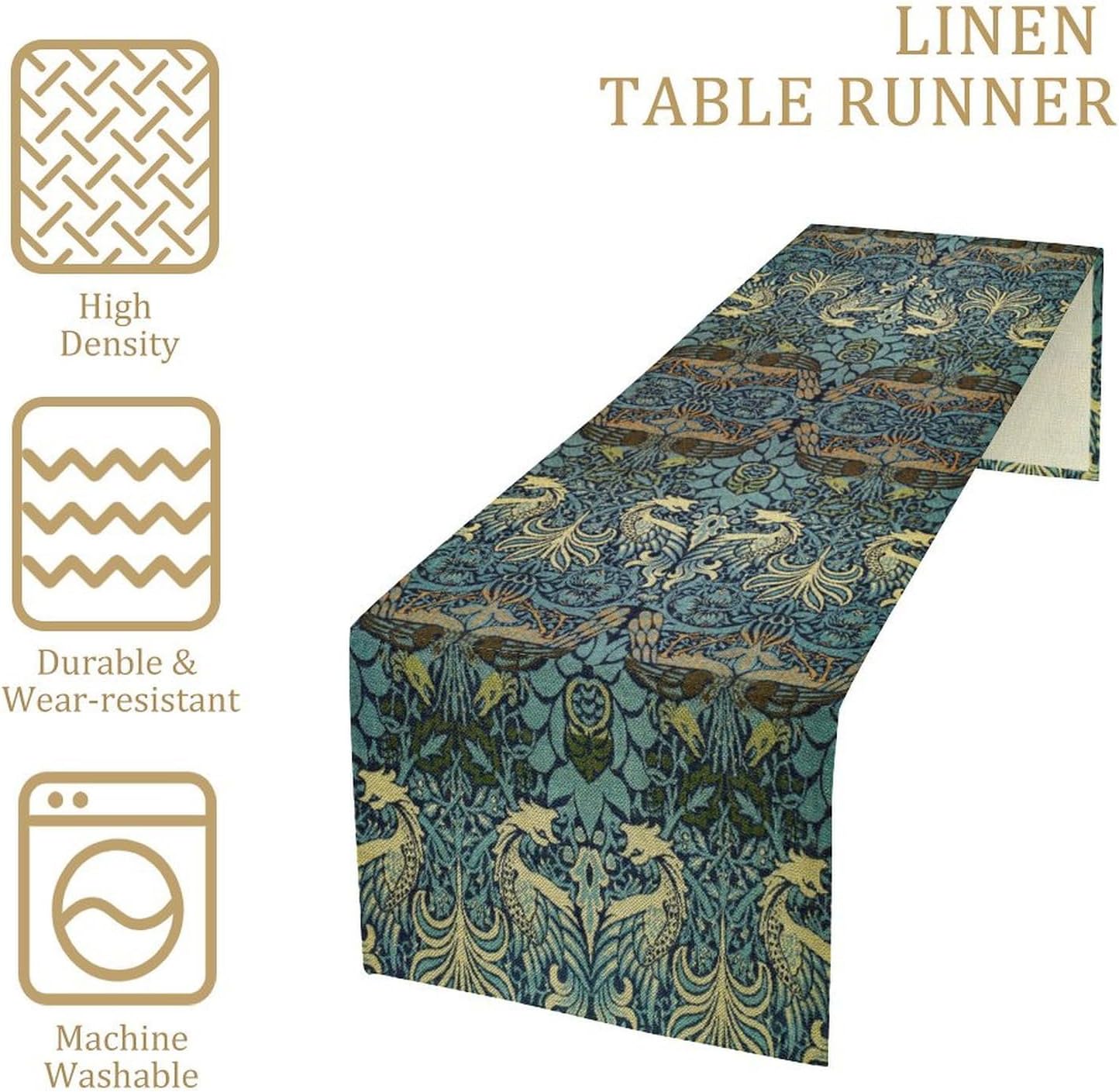 William Morris Peacock Dragon Table Runner, Vintage Flowers Boho Botanical Flowers Birds Printed Linen Table Runner for