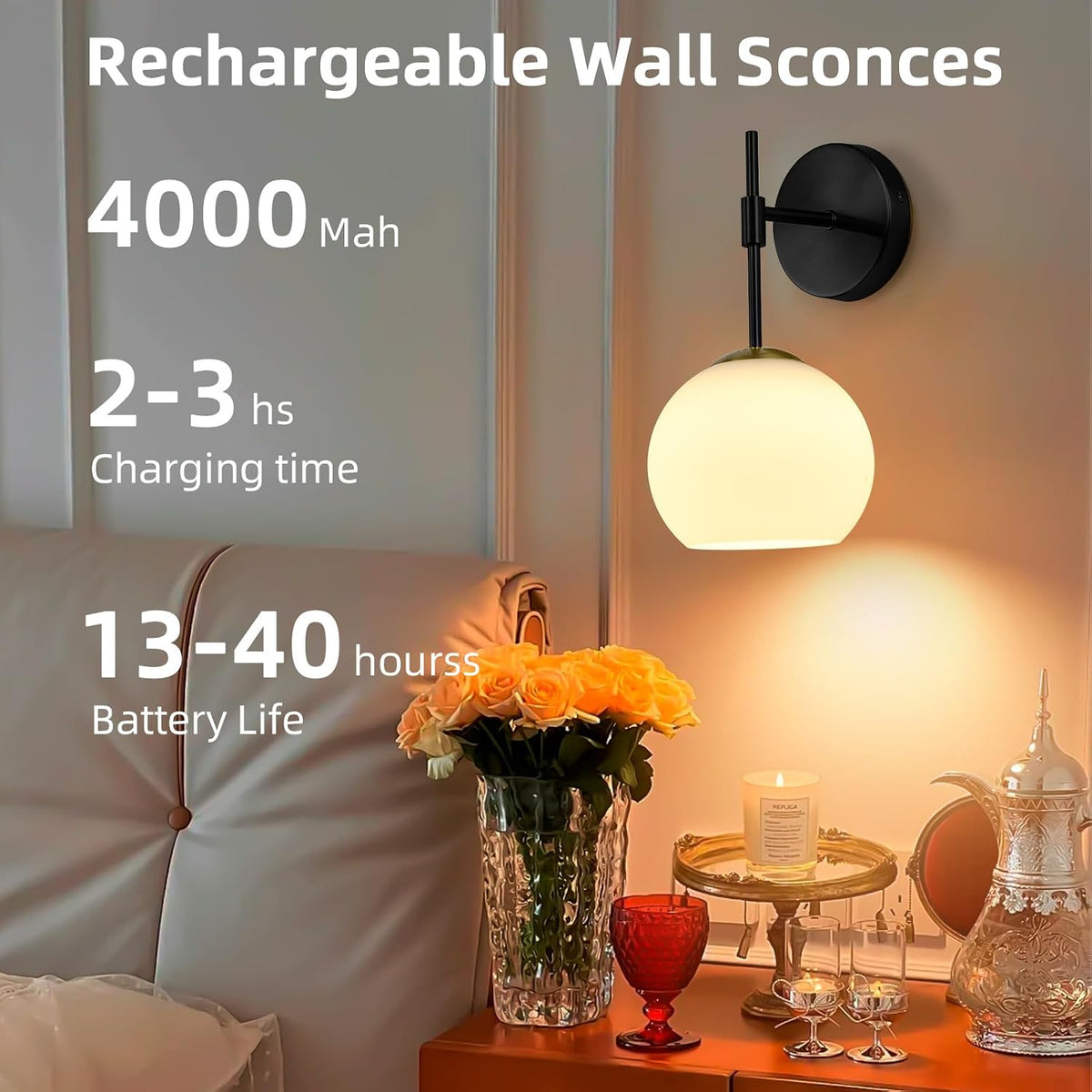 Battery Operated Wall Sconces Set of Two, Rechargeable, Black | Milk Glass Shade, 12 RGB & 3CCT Dimmable, Wireless Wall