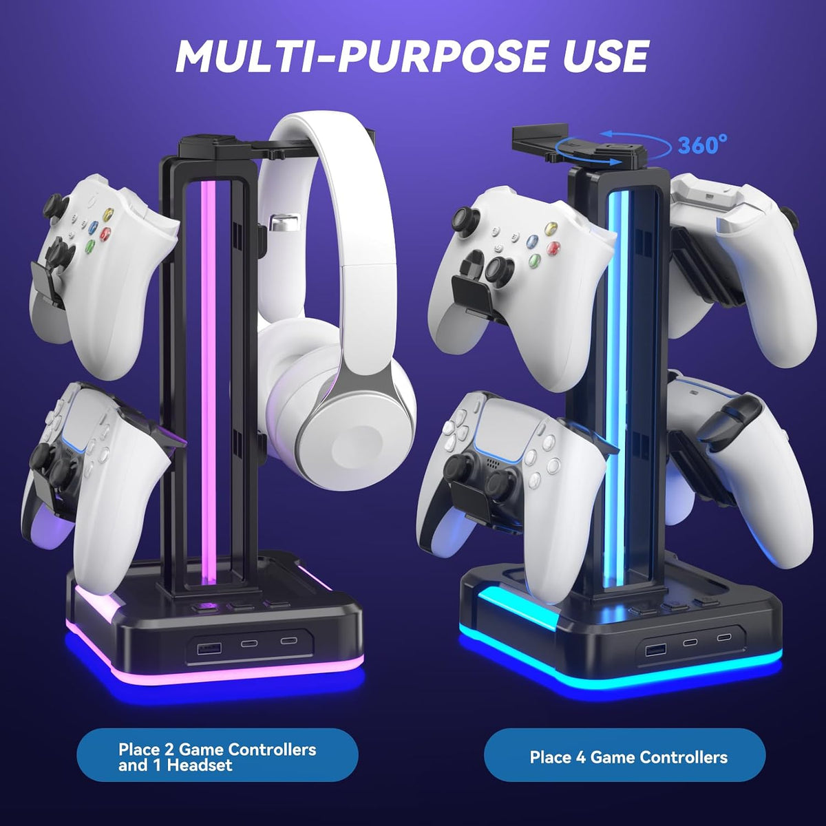 KDD RGB Gaming Headphone and Controller Stand with 2 Type-C and 1 USB Ports | Headset Stand with 9 Light Modes, Headset