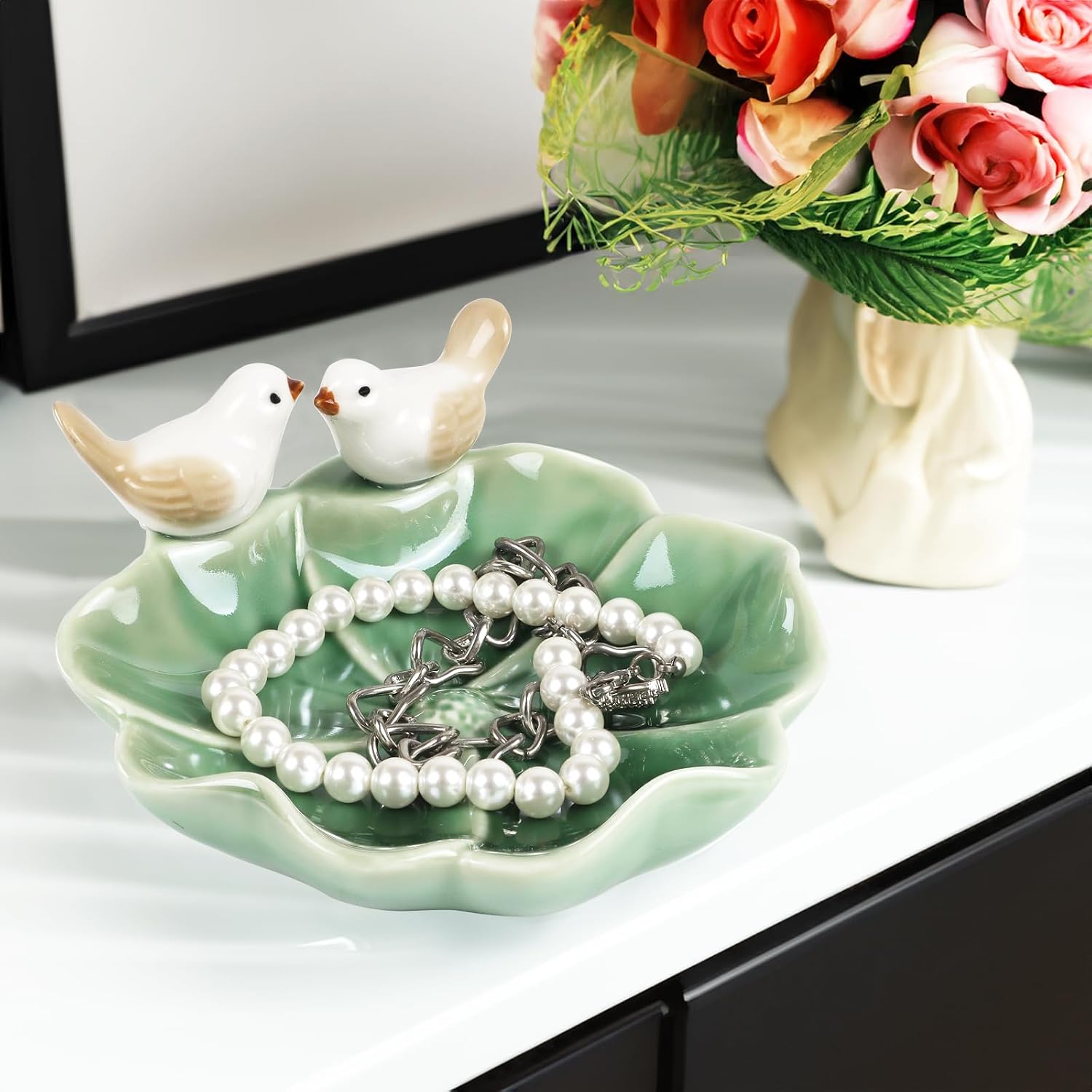 Ceramic Jewelry Tray Trinket Dish Decorative Bird & Lotus Leaf Ring Holder Dish Aesthetic / Green