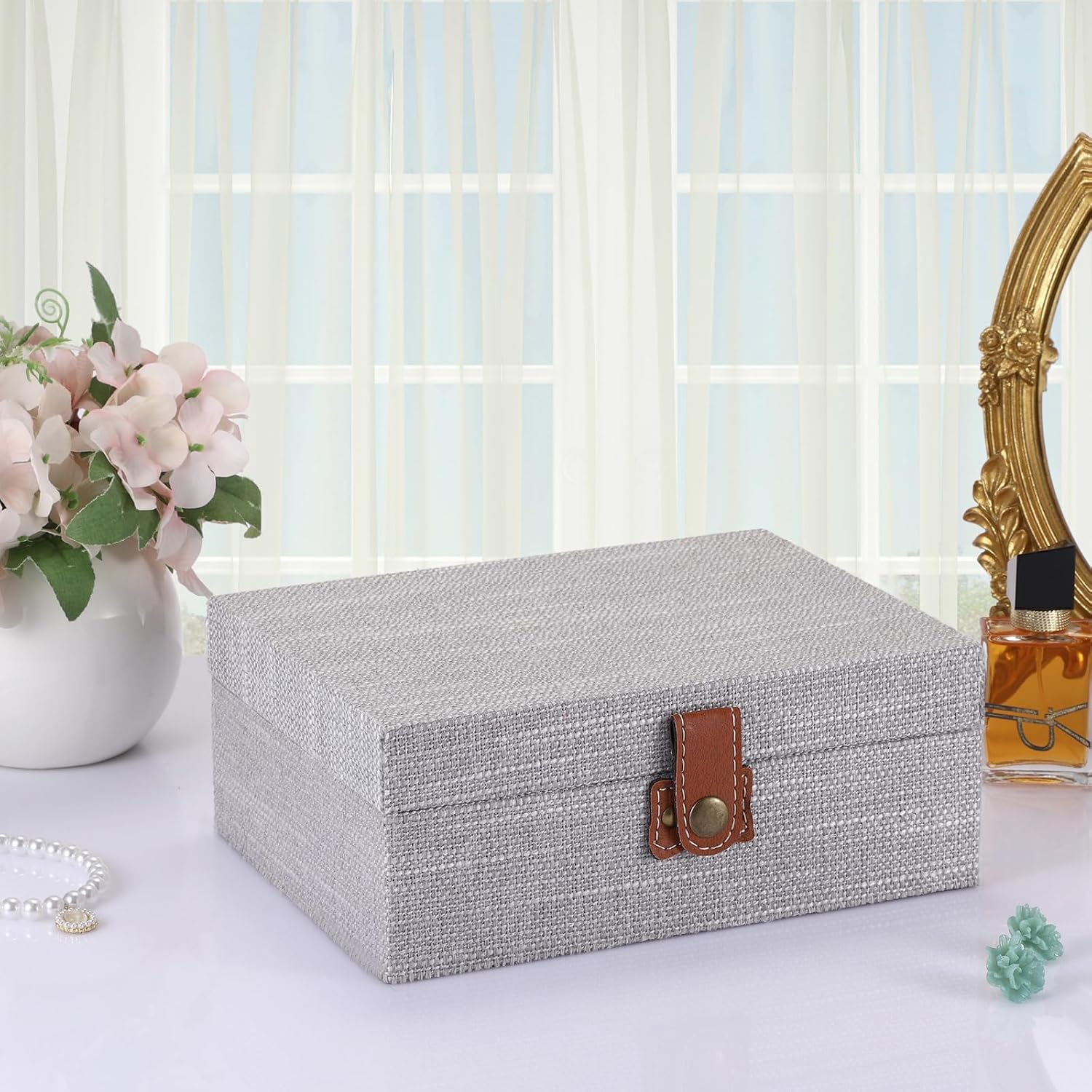 Linen Covered Treasure Chest for Women Gift Photo Organizer / Medium / Gray