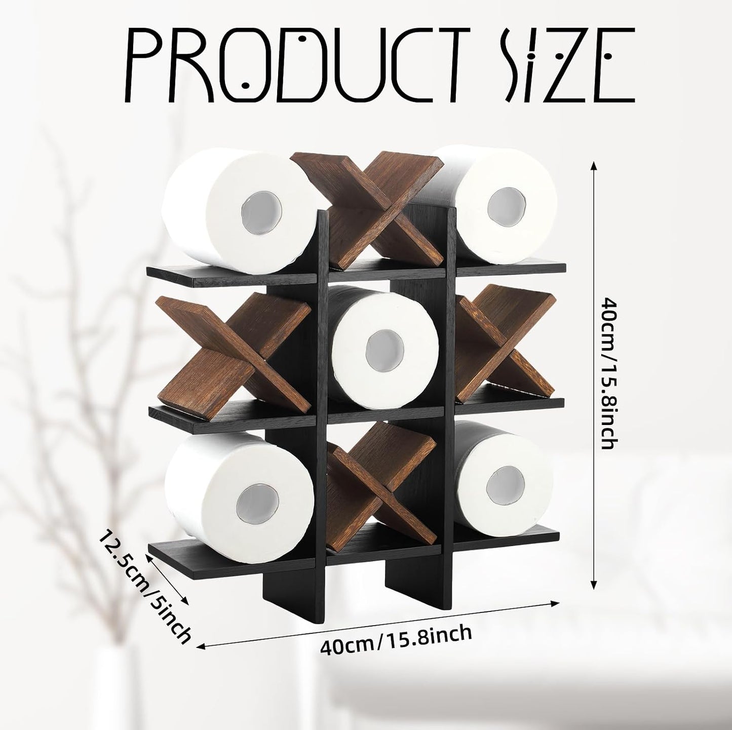 Weysat Tic Tac Toe Toilet Paper Holder,Black, Dark Brown | Farmhouse Bathroom Decor, Freestanding or Wall Mount Storage