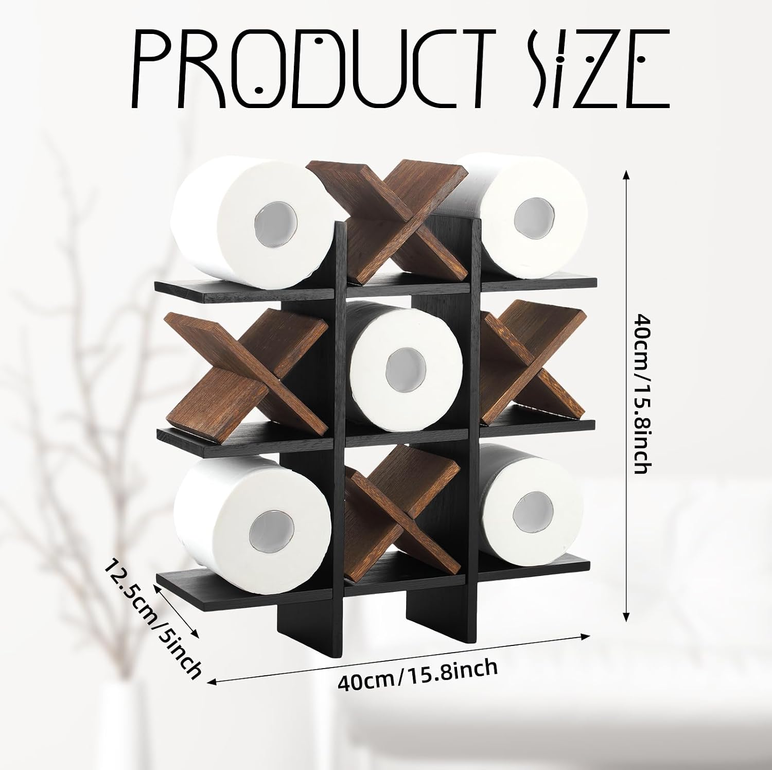 Weysat Tic Tac Toe Toilet Paper Holder,Black, Dark Brown | Farmhouse Bathroom Decor, Freestanding or Wall Mount Storage