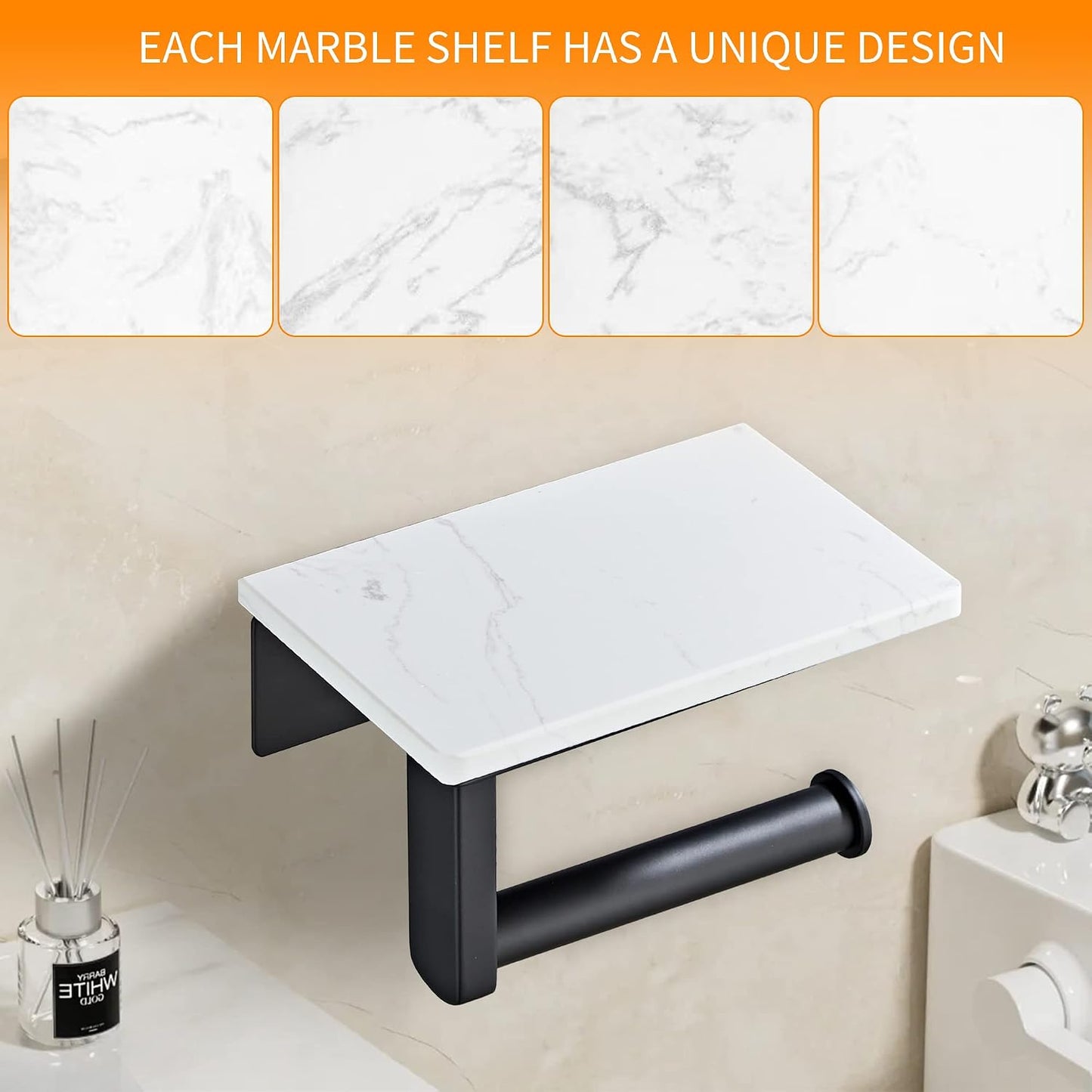 Matte Black Toilet Paper Holder with Marble-Look Shelf, Wall Mounted SUS304 Stainless Steel Toilet Roll Holder with