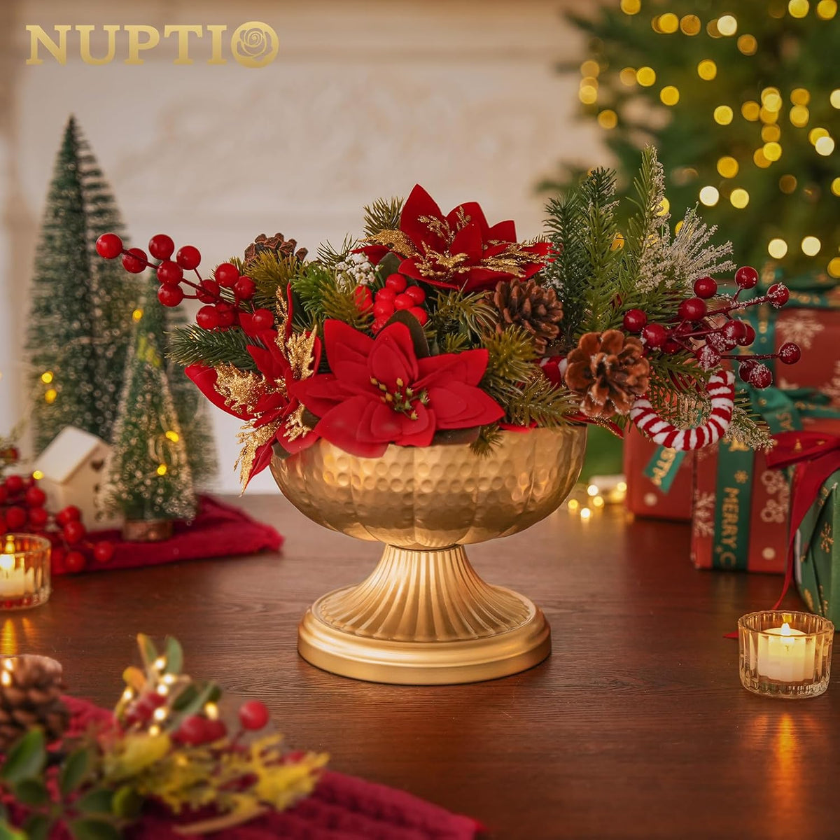 NUPTIO Gold Compote Vases for Centerpieces, Hammered, 6.3", 10 Pcs | Metal Pedestal Bowl, for Small Flowers