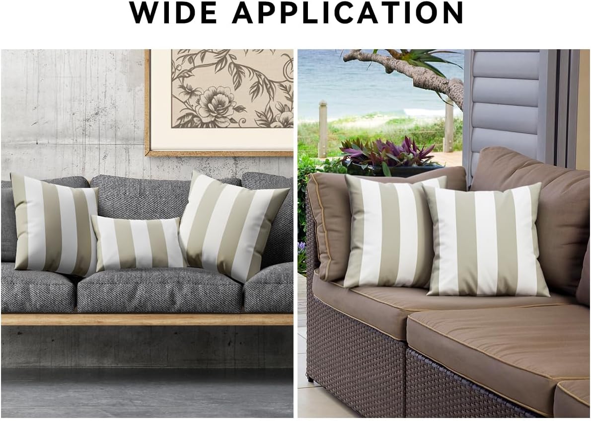 Western Home Outdoor Waterproof Striped Throw Pillow Covers / Sand and White / 18 x 18 / Set of 2