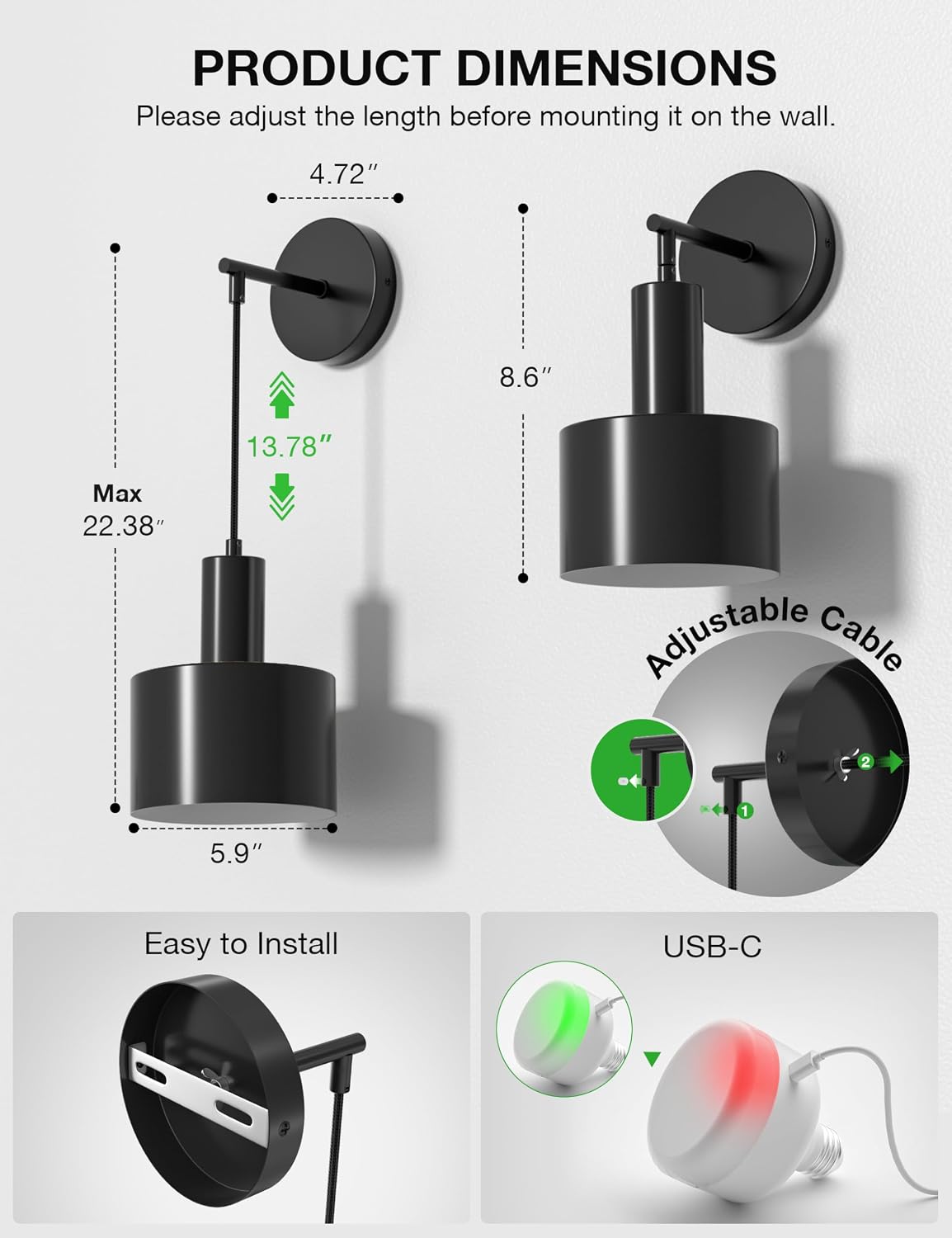 Battery Operated Wall Sconce Set of 2, Black Wireless Rechargeable Wall Lights with 5200mAh Dimmable Detachable Bulbs