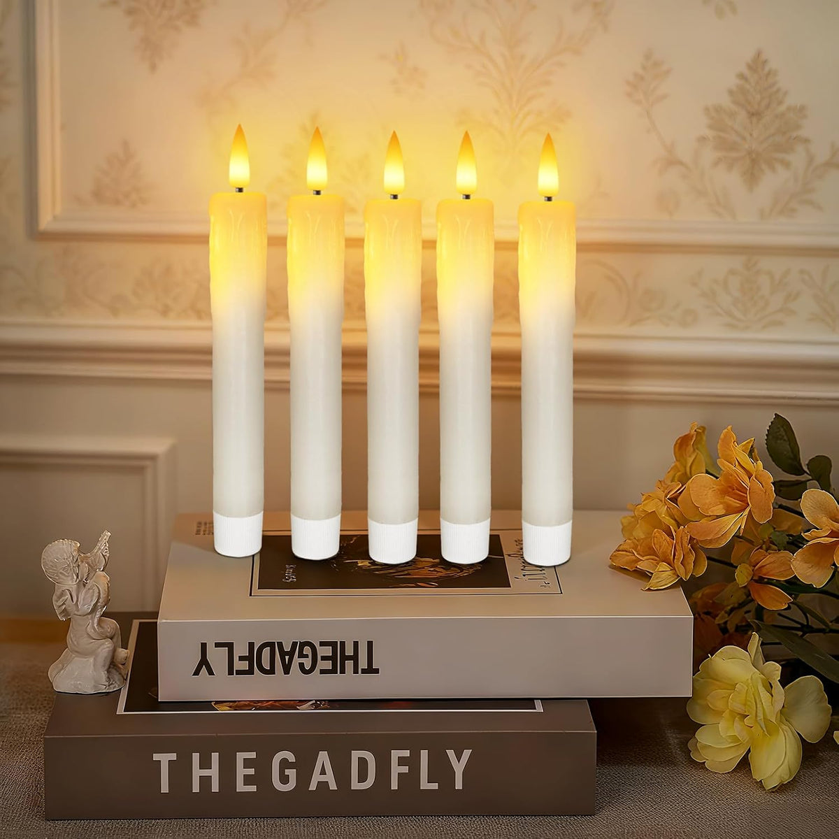 7 Inches Dripless Flameless Taper Candles with Remote Timer Dimmer, Real Wax Battery Candlesticks, 3D Flame Fake