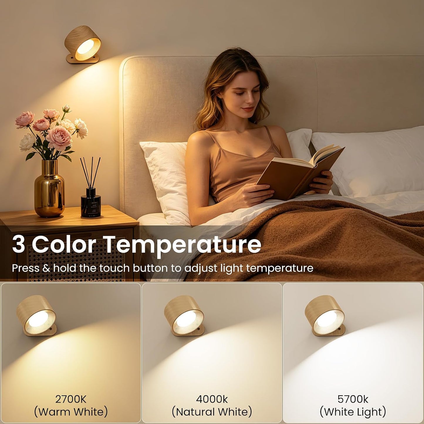 Koopala LED Sconces, Wall Mounted Lamps with Rechargeable Battery Operated USB Port 3 Color Temperatures & 3 Brightness