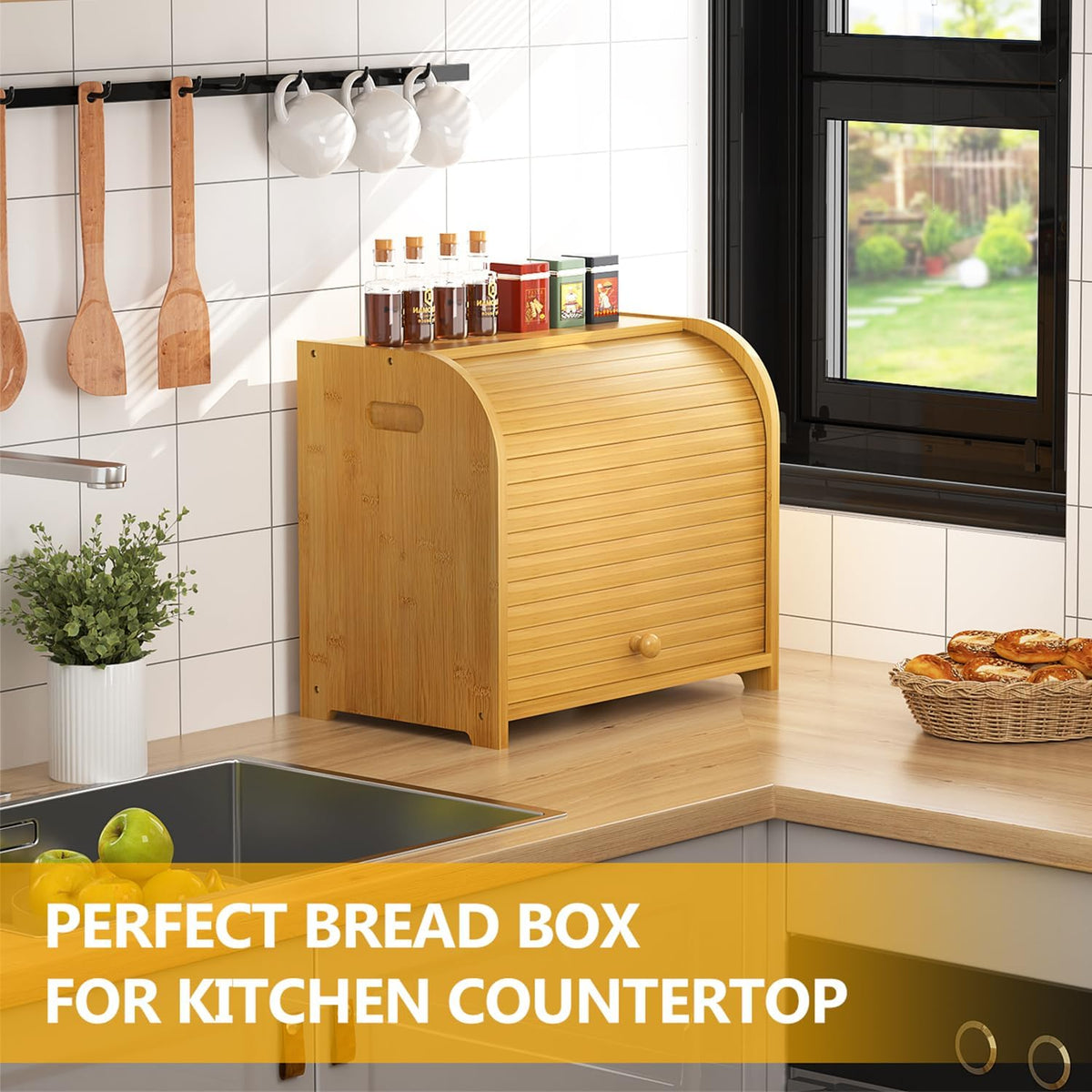 Bamboo Bread Box for Kitchen Countertop, Roll Top Bread Storage Box | Double Layer, Large Capacity, Space-saving, Easy