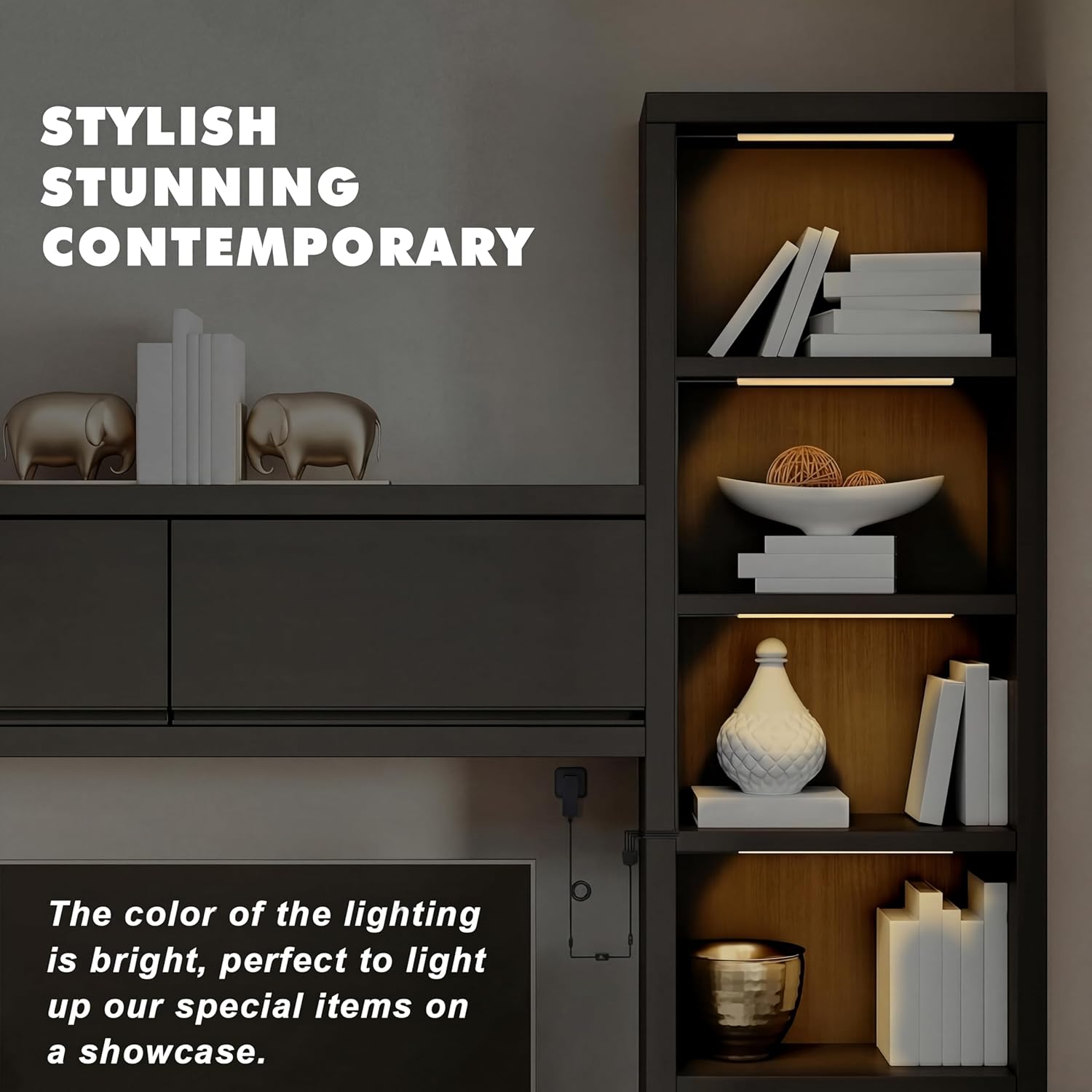 JUSJUBR Black Display Shelf Lighting, 4 Pack x12 Inch Display Lights for Display Case, LED Display Lights with Memory
