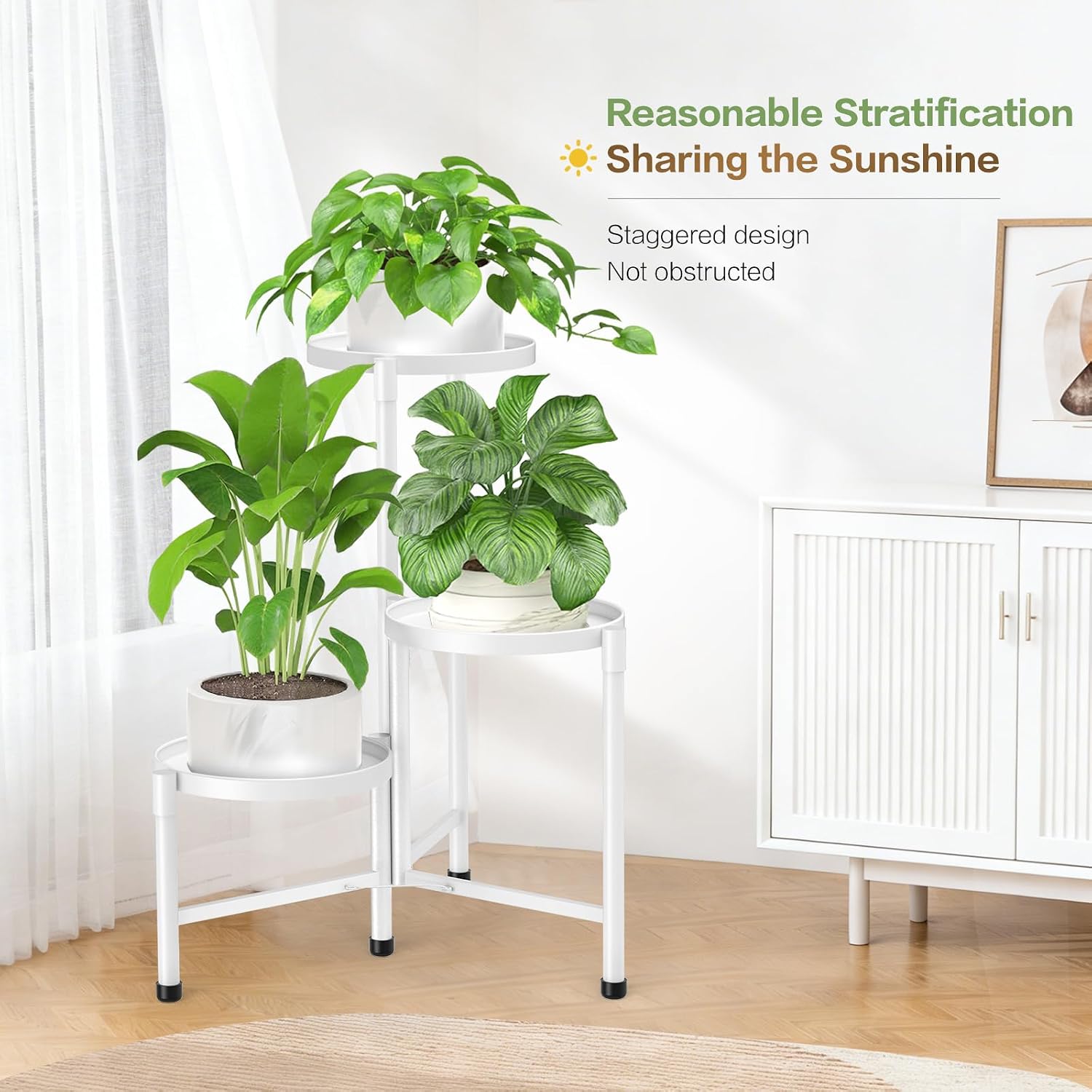 3 Tier Metal Corner Plant Stand Indoor Outdoor, 10 Inch Wide Tray, White | 30 In Tall Foldable Iron Flower Pot Holder